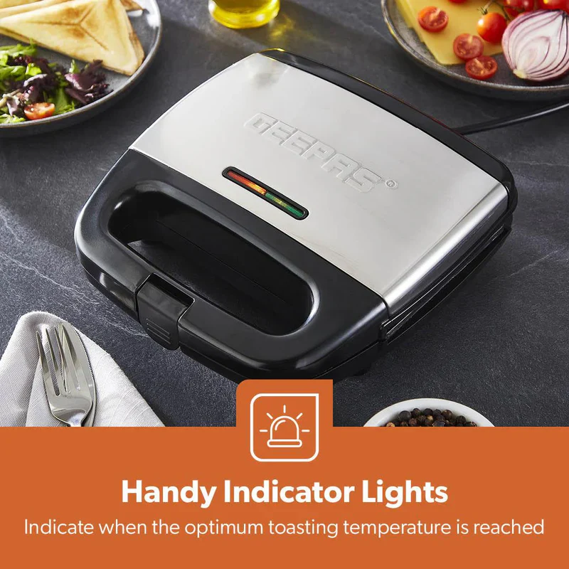 Geepas 2-Slice Sandwich Maker | 700W Powerful Sandwich Toaster with Non-Stick Plates| Cool-Touch Handle| Indicator Lights| Easy Cleaning| Compact Design| 2 Years Warranty - Image 6