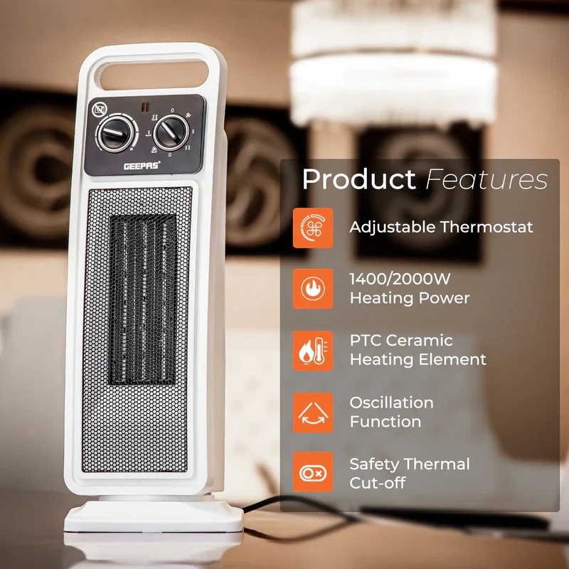 Geepas PTC Fan Heater GRH28530 | 2000W Ceramic Heater with Adjustable Thermostat & Safety Tip-Over Switch | Fast Heating | Overheat Protection | 2 Years Warranty - Image 2