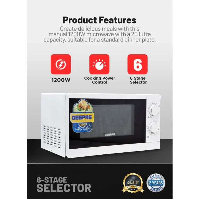 Geepas 20L Microwave Oven | 1200W Solo Microwave with 6 Power Levels and a Timer | Cooking Power control with 2 Rotary Dials & Defrost Settings | White | 2 Year Warranty - Image 3