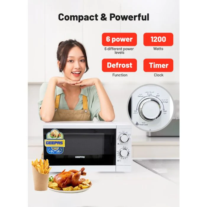 Geepas 20L Microwave Oven | 1200W Solo Microwave with 6 Power Levels and a Timer | Cooking Power control with 2 Rotary Dials & Defrost Settings | White | 2 Year Warranty - Image 4
