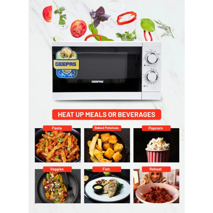 Geepas 20L Microwave Oven | 1200W Solo Microwave with 6 Power Levels and a Timer | Cooking Power control with 2 Rotary Dials & Defrost Settings | White | 2 Year Warranty - Image 5