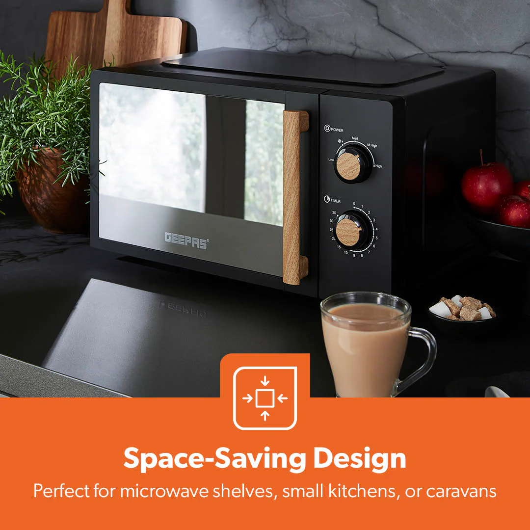 Geepas 20L Microwave Oven GMO34062UK-BK | 700W Output | 5 Power Levels | 255mm Glass Turntable | 35-Min Timer | LED Interior Light & Stylish Nordiq Collection Design - Image 10
