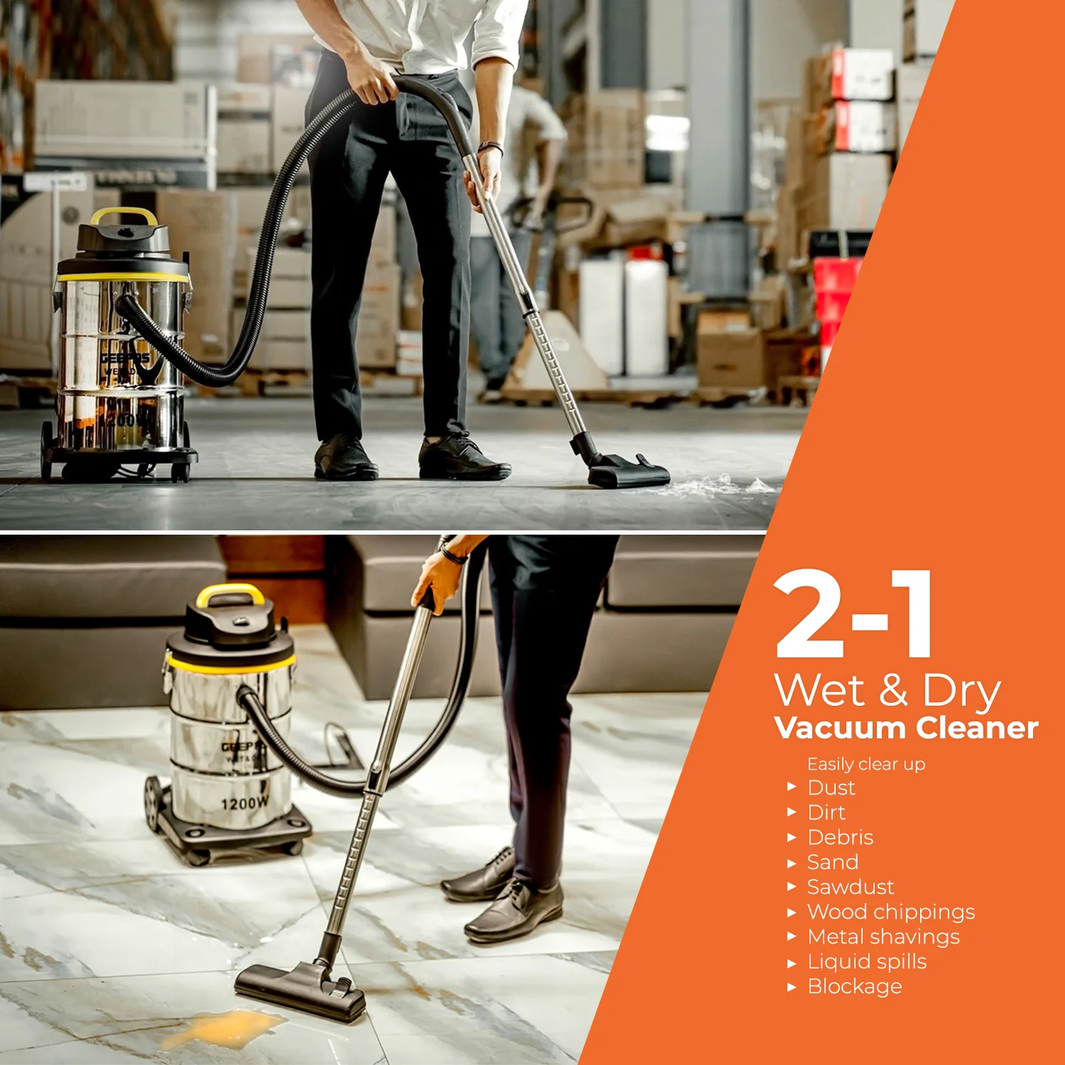 Geepas 23 L Wet and Dry Vacuum Cleaner- GVC19012 | 1200W Stainless Steel Drum Tank |Comfortable Handle, Rolling wheels with Easy Parking Nozzle & Dust Full Indicator - Image 3