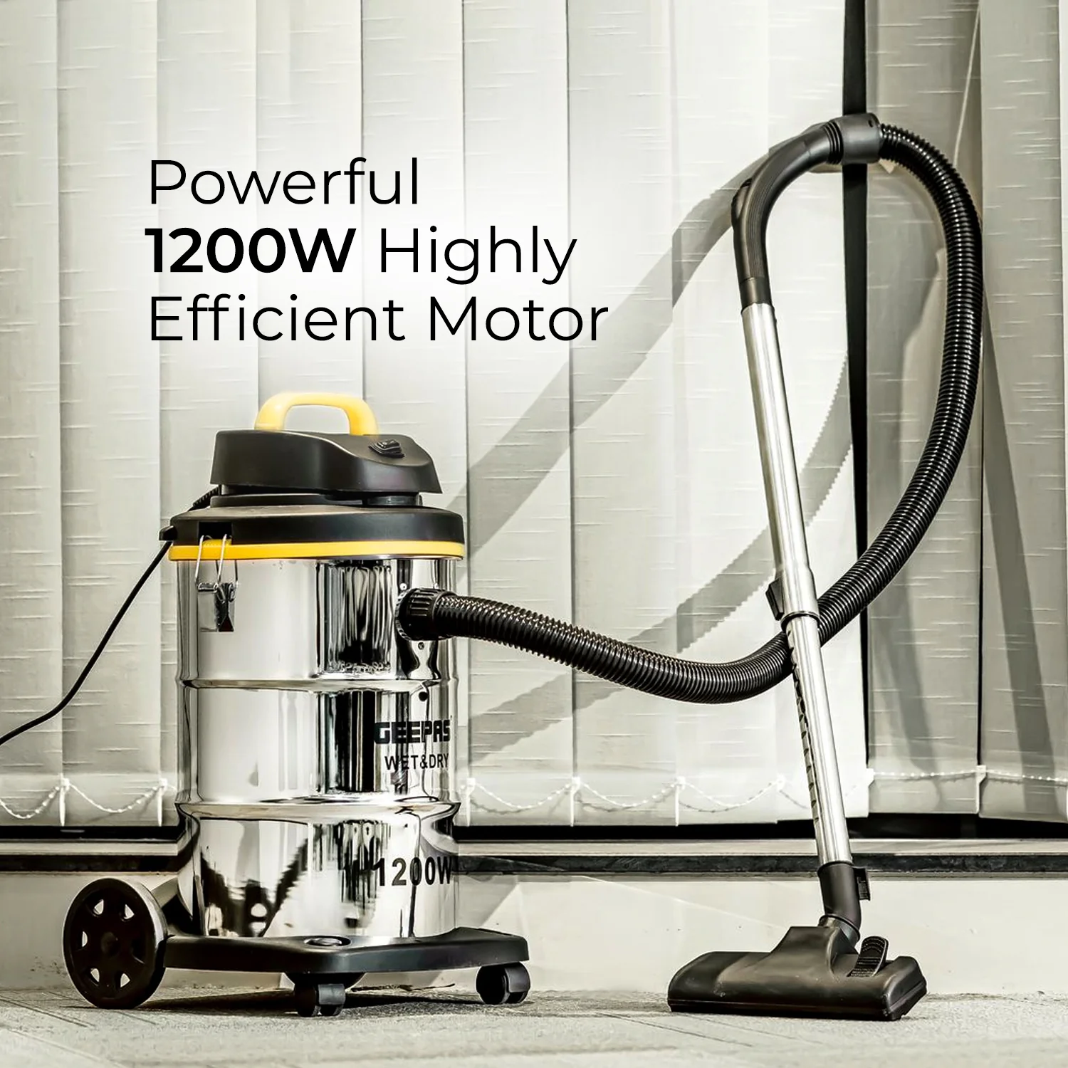 Geepas 23 L Wet and Dry Vacuum Cleaner- GVC19012 | 1200W Stainless Steel Drum Tank |Comfortable Handle, Rolling wheels with Easy Parking Nozzle & Dust Full Indicator - Image 4