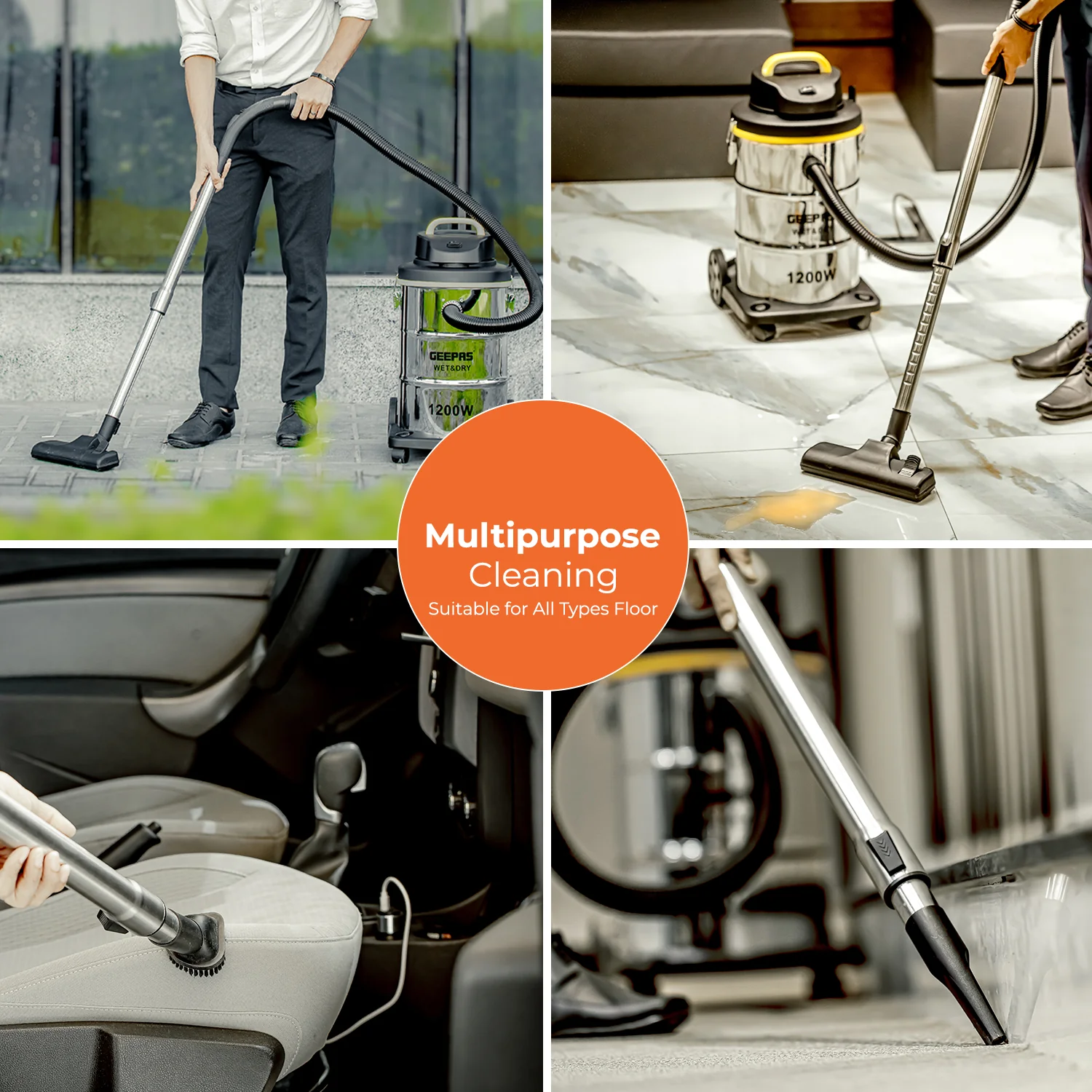 Geepas 23 L Wet and Dry Vacuum Cleaner- GVC19012 | 1200W Stainless Steel Drum Tank |Comfortable Handle, Rolling wheels with Easy Parking Nozzle & Dust Full Indicator - Image 5