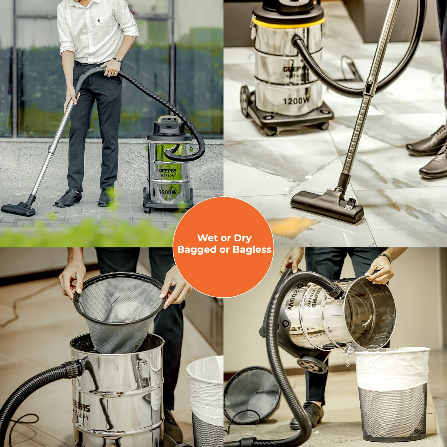 Geepas 23 L Wet and Dry Vacuum Cleaner- GVC19012 | 1200W Stainless Steel Drum Tank |Comfortable Handle, Rolling wheels with Easy Parking Nozzle & Dust Full Indicator - Image 6