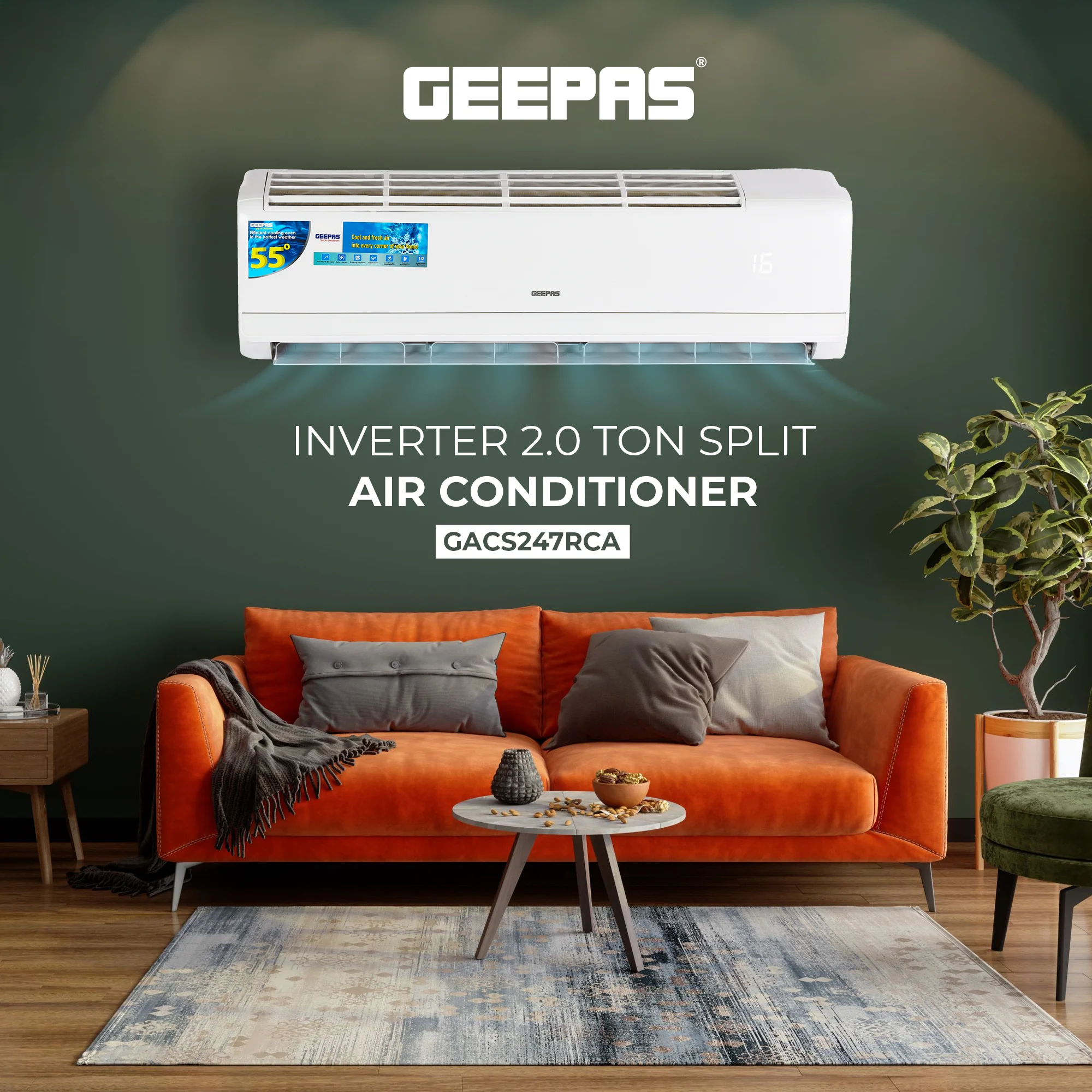 Geepas GACS247RCA 2.0 Ton Inverter Split Air Conditioner | 24000 BTU Cooling Capacity | Energy Efficient & Low Noise Operation | Modern Design | 1-Year Warranty - Image 2
