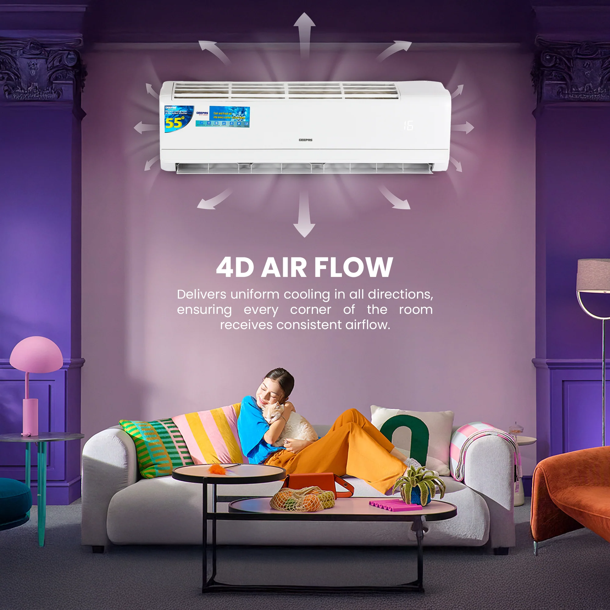 Geepas GACS247RCA 2.0 Ton Inverter Split Air Conditioner | 24000 BTU Cooling Capacity | Energy Efficient & Low Noise Operation | Modern Design | 1-Year Warranty - Image 4