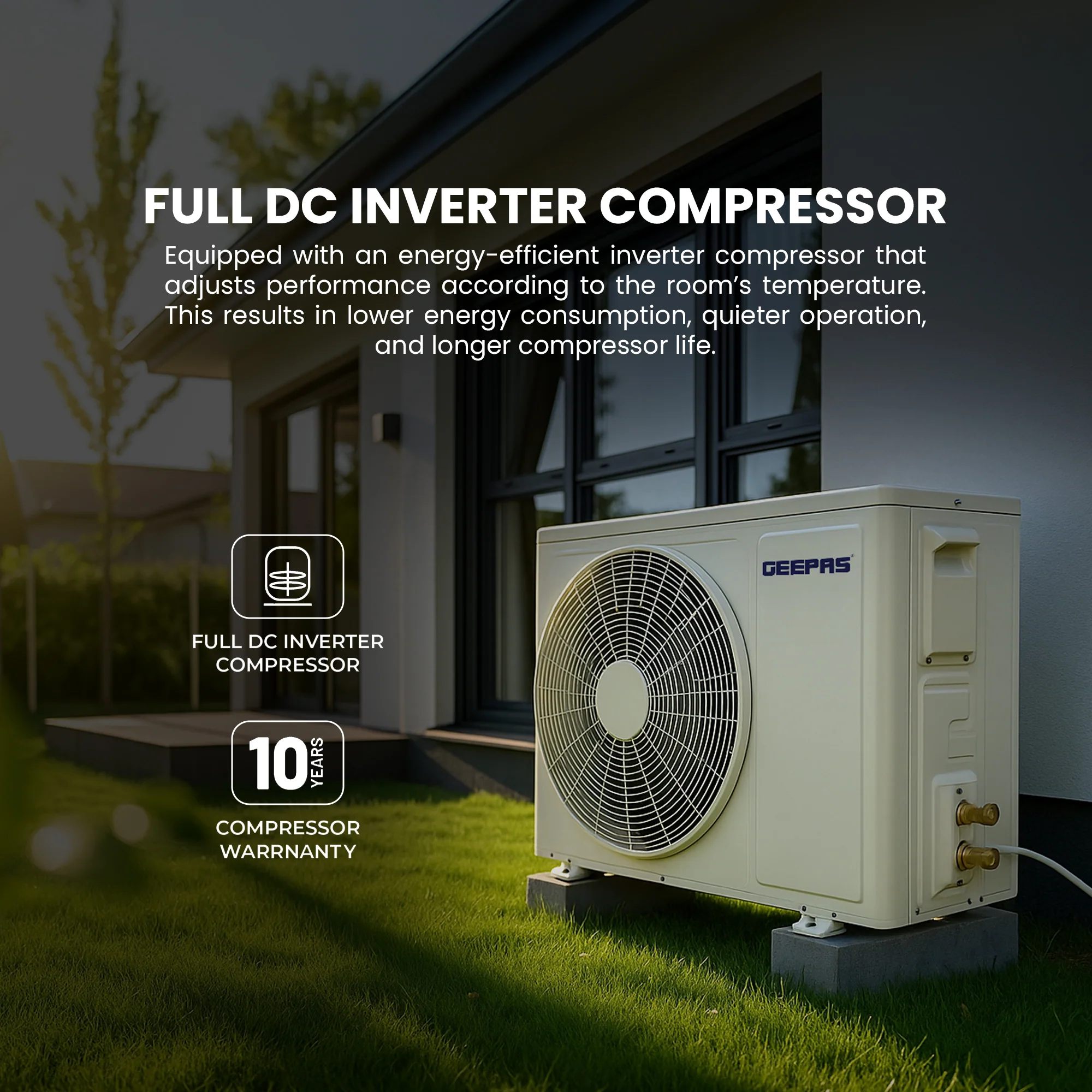 Geepas GACS247RCA 2.0 Ton Inverter Split Air Conditioner | 24000 BTU Cooling Capacity | Energy Efficient & Low Noise Operation | Modern Design | 1-Year Warranty - Image 5