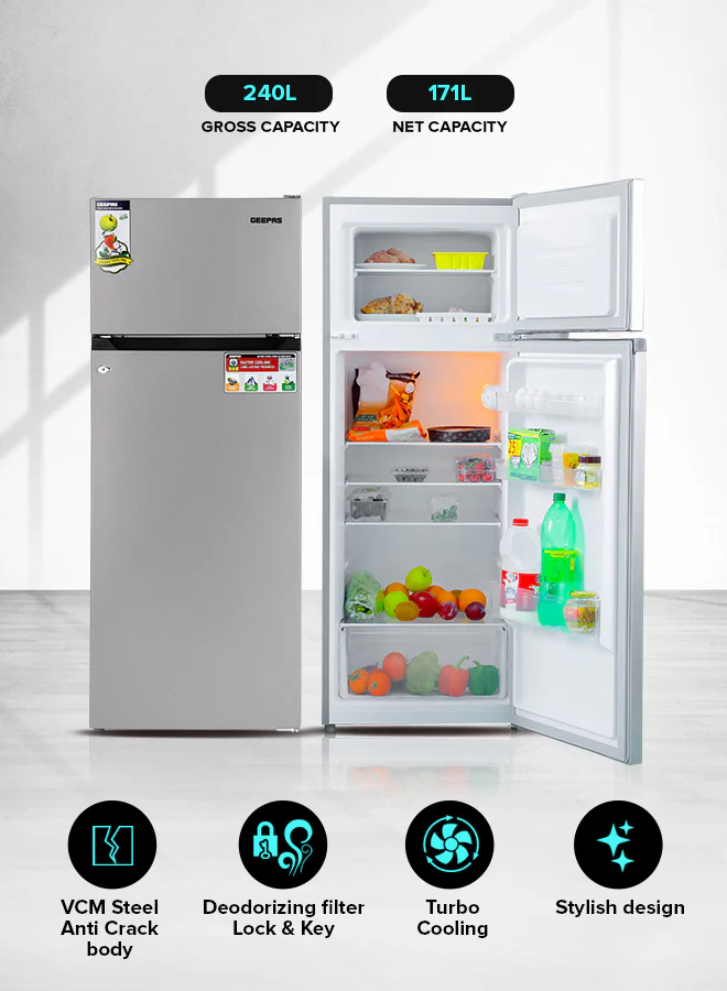 Geepas 240LTR* Double Door Refrigerator - Free Standing Durable Double Door Refrigerator, Fast Cooling & Long-lasting Freshness, Low Noise, Low Energy Consumption, Defrost Refrigerator - Image 3