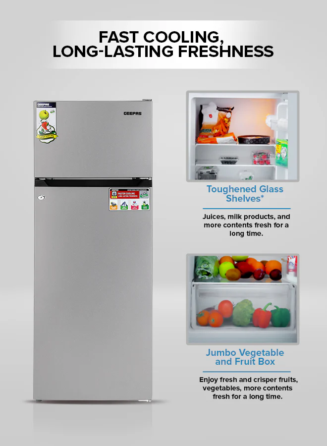 Geepas 240LTR* Double Door Refrigerator - Free Standing Durable Double Door Refrigerator, Fast Cooling & Long-lasting Freshness, Low Noise, Low Energy Consumption, Defrost Refrigerator - Image 5