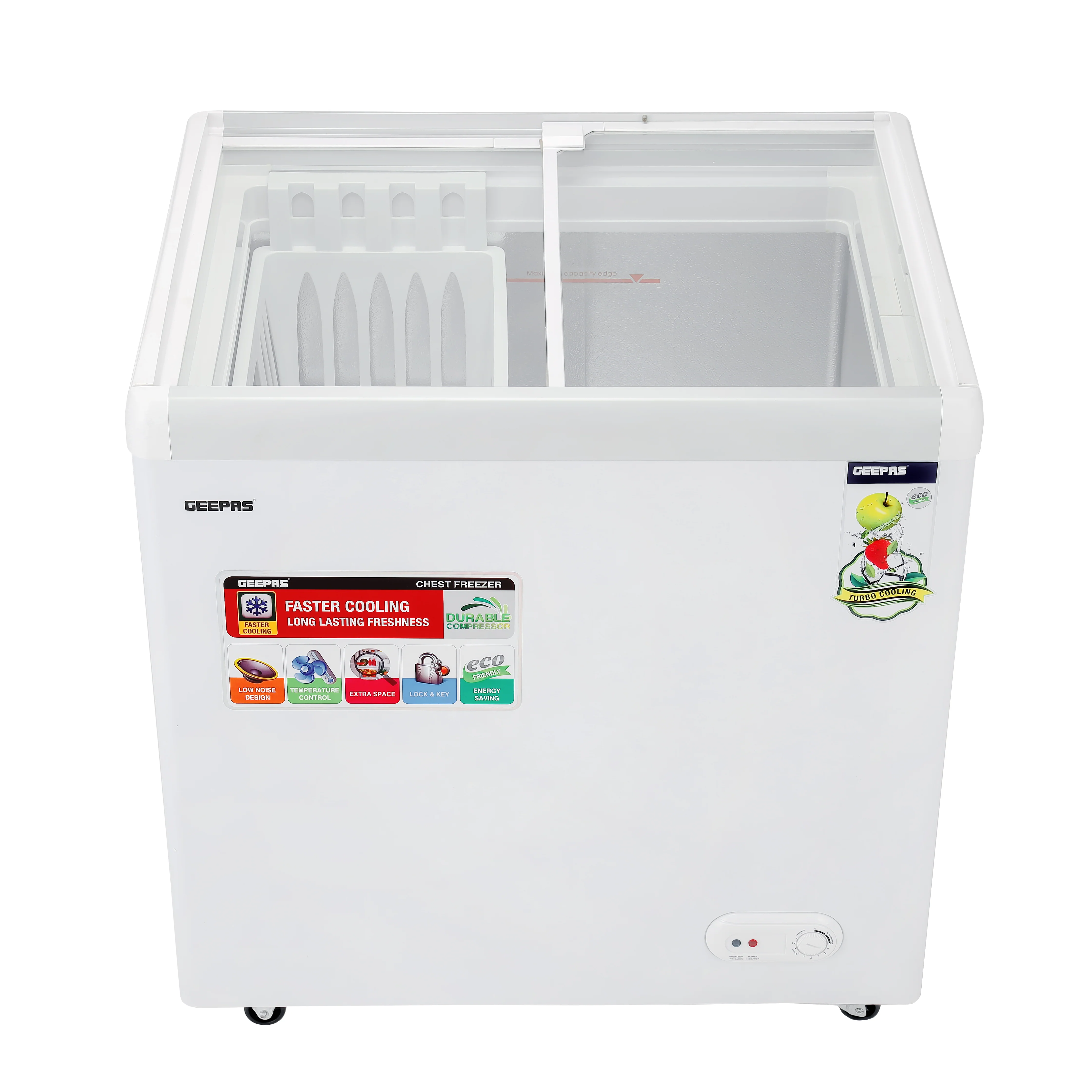 Geepas GCF2622SG Chest Showcase Freezer | 260L Convertible Freezer & Fridge | Adjustable Thermostat | Sliding Glass Door | Lock & Key | LED Lamp | 1-Year Warranty - Image 3