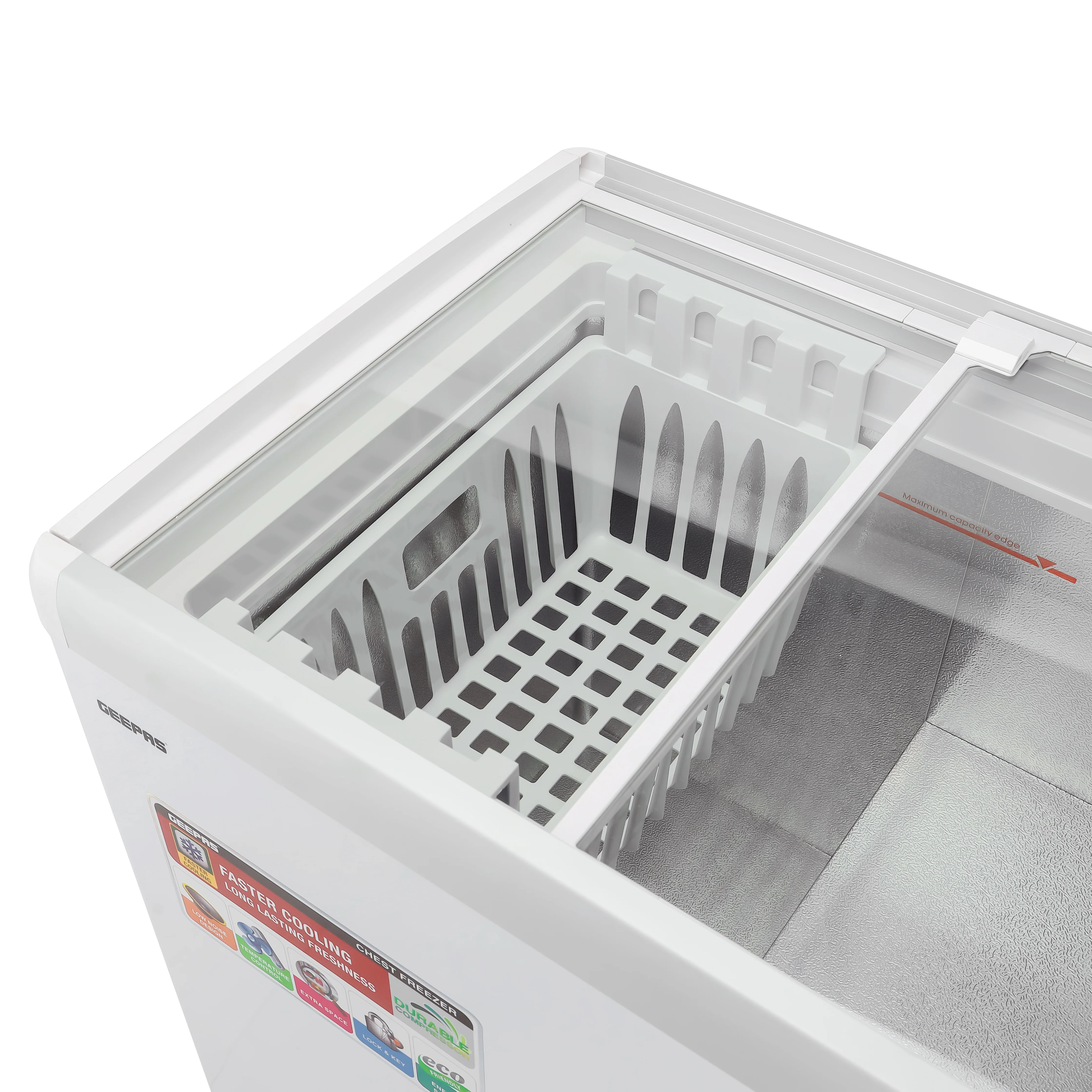 Geepas GCF2622SG Chest Showcase Freezer | 260L Convertible Freezer & Fridge | Adjustable Thermostat | Sliding Glass Door | Lock & Key | LED Lamp | 1-Year Warranty - Image 5