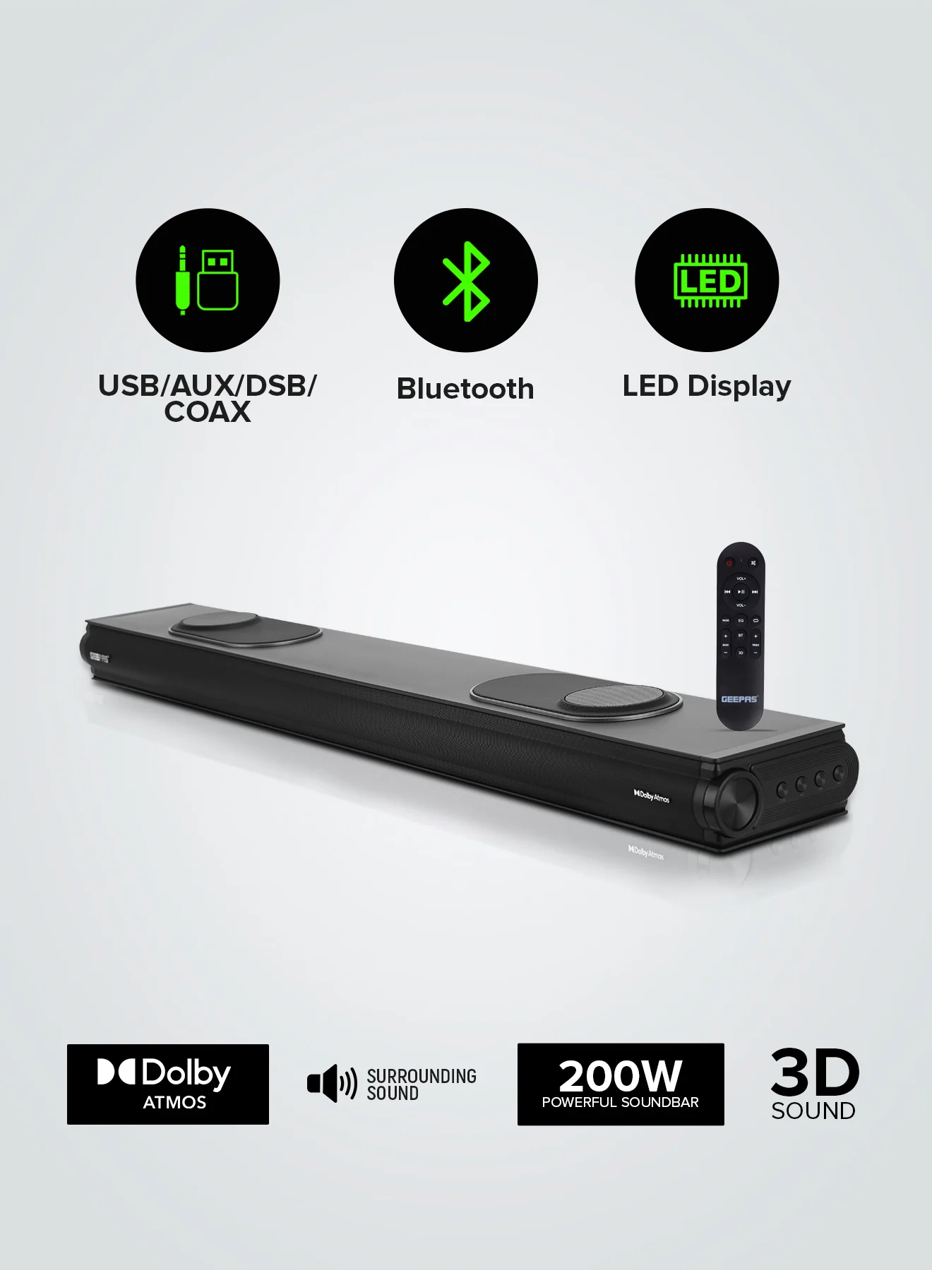 Geepas 3.1.2 CH All-in-One Dolby Atmos Soundbar- GMS8810DTS/ Bluetooth, AUX IN, USB, COAX, with Remote Control and LED Display/ 200W - Image 2