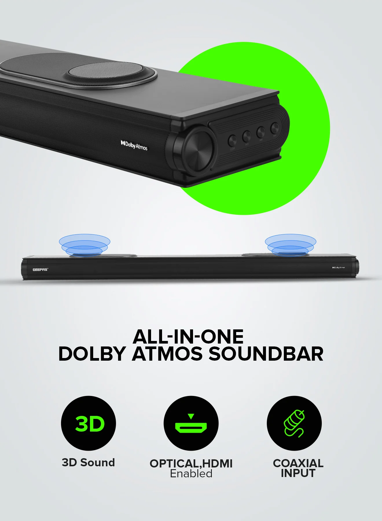Geepas 3.1.2 CH All-in-One Dolby Atmos Soundbar- GMS8810DTS/ Bluetooth, AUX IN, USB, COAX, with Remote Control and LED Display/ 200W - Image 3
