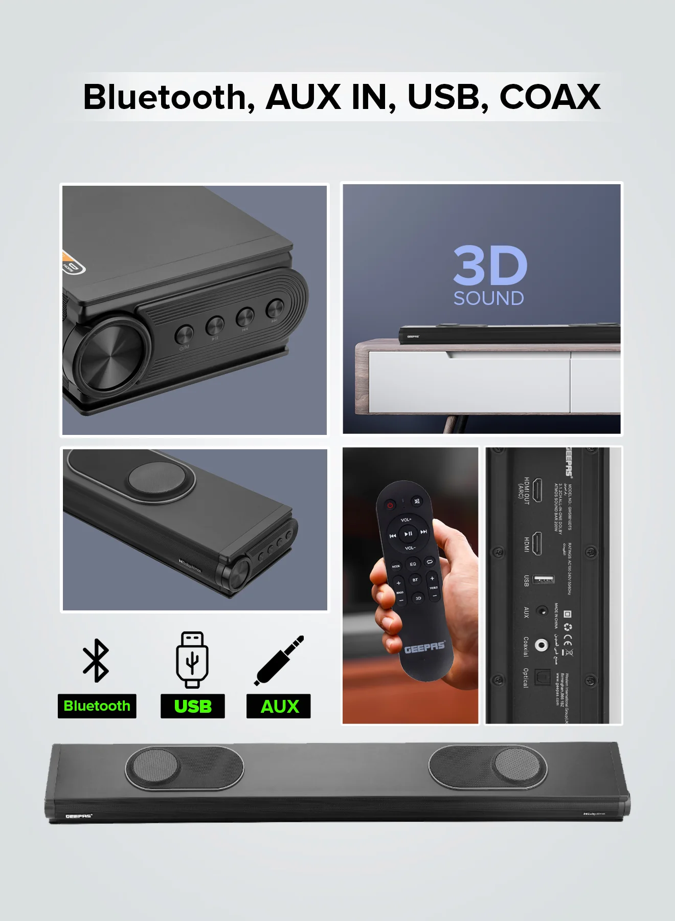 Geepas 3.1.2 CH All-in-One Dolby Atmos Soundbar- GMS8810DTS/ Bluetooth, AUX IN, USB, COAX, with Remote Control and LED Display/ 200W - Image 4