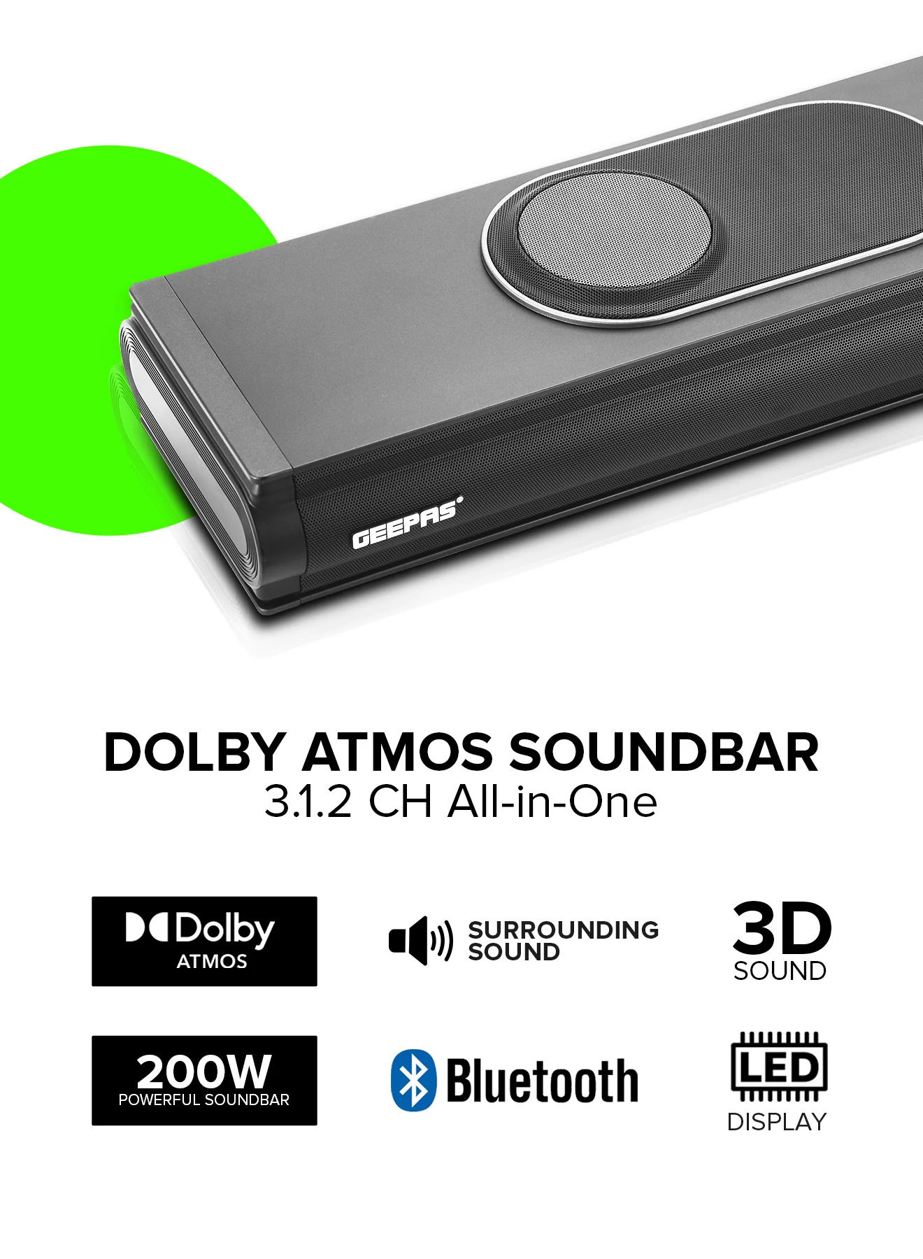 Geepas 3.1.2 CH All-in-One Dolby Atmos Soundbar- GMS8810DTS/ Bluetooth, AUX IN, USB, COAX, with Remote Control and LED Display/ 200W - Image 7