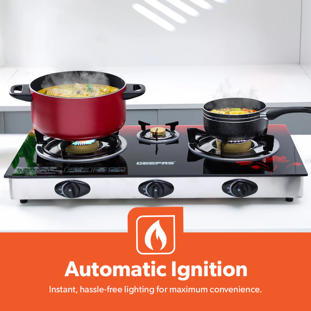 Geepas 3 Burner Gas Cooker GGC31012 |Stainless Steel Frame & Tray, Tempered Glass Top, Iron Burners 100+40+100mm, Auto Piezo Ignition, Low Gas Consumption, 2Year Warranty - Image 3