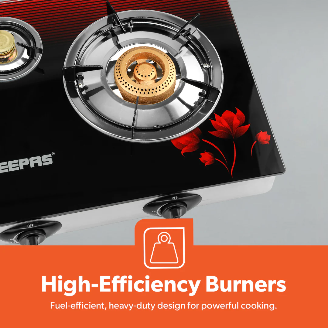 Geepas 3 Burner Gas Cooker GGC31012 |Stainless Steel Frame & Tray, Tempered Glass Top, Iron Burners 100+40+100mm, Auto Piezo Ignition, Low Gas Consumption, 2Year Warranty - Image 4