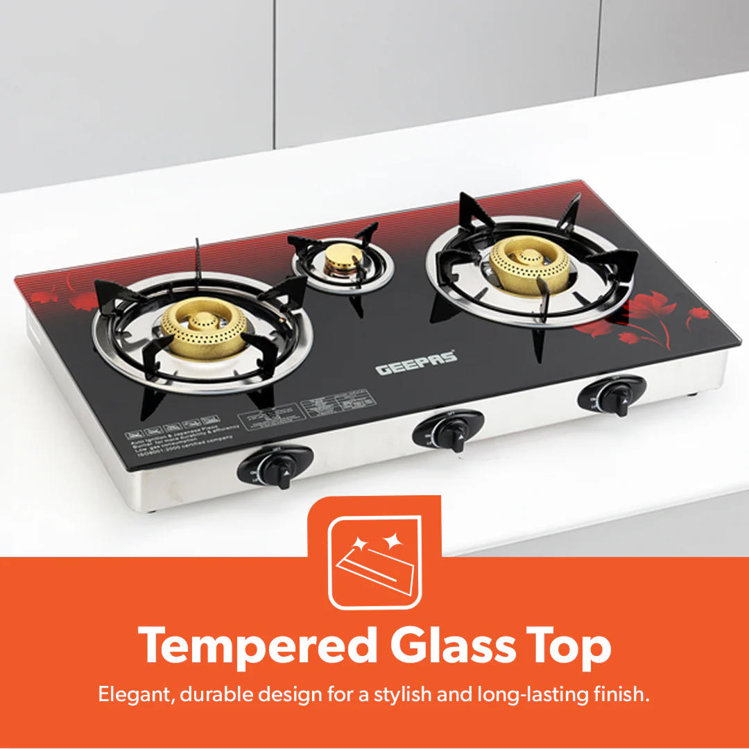 Geepas 3 Burner Gas Cooker GGC31012 |Stainless Steel Frame & Tray, Tempered Glass Top, Iron Burners 100+40+100mm, Auto Piezo Ignition, Low Gas Consumption, 2Year Warranty - Image 5
