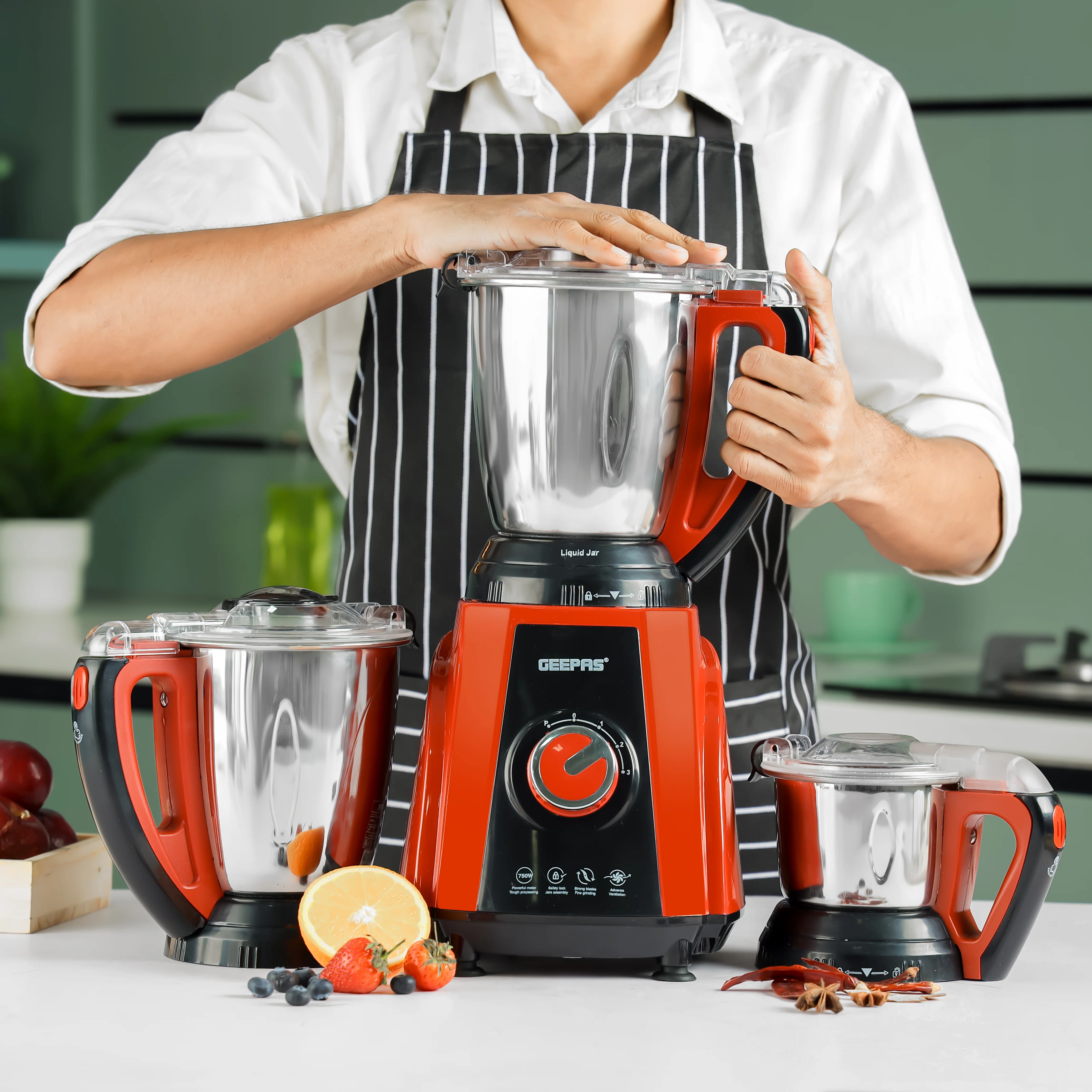 Geepas 3-in-1 Mixer Grinder GSB44040 | 750W Copper Motor, 3 Speed + Pulse Function | 1.5L Blending Jar |  1.5L Grinder Jar & 0.5L Chutney Jar | Wet & Dry Grinding - Image 5