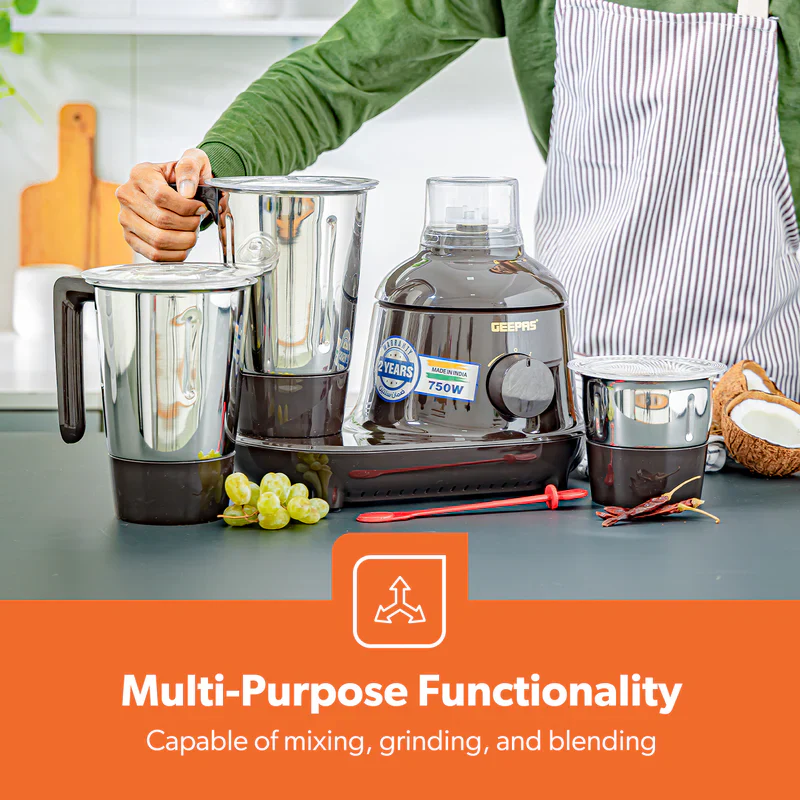 Geepas GSB44086 3-in-1 Mixer Grinder | 750W Powerful Motor, Stainless Steel Jars & Sharp Blades| 3 Speed Control with Safety Twist Lock|  Durable Design| 2 Years Warranty - Image 3