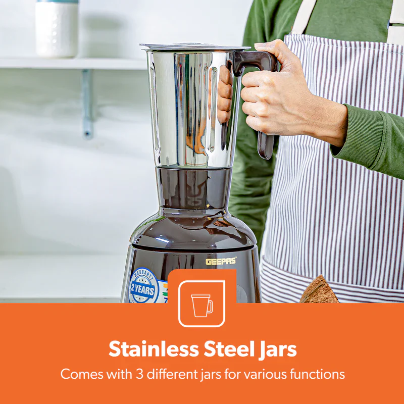 Geepas GSB44086 3-in-1 Mixer Grinder | 750W Powerful Motor, Stainless Steel Jars & Sharp Blades| 3 Speed Control with Safety Twist Lock|  Durable Design| 2 Years Warranty - Image 8