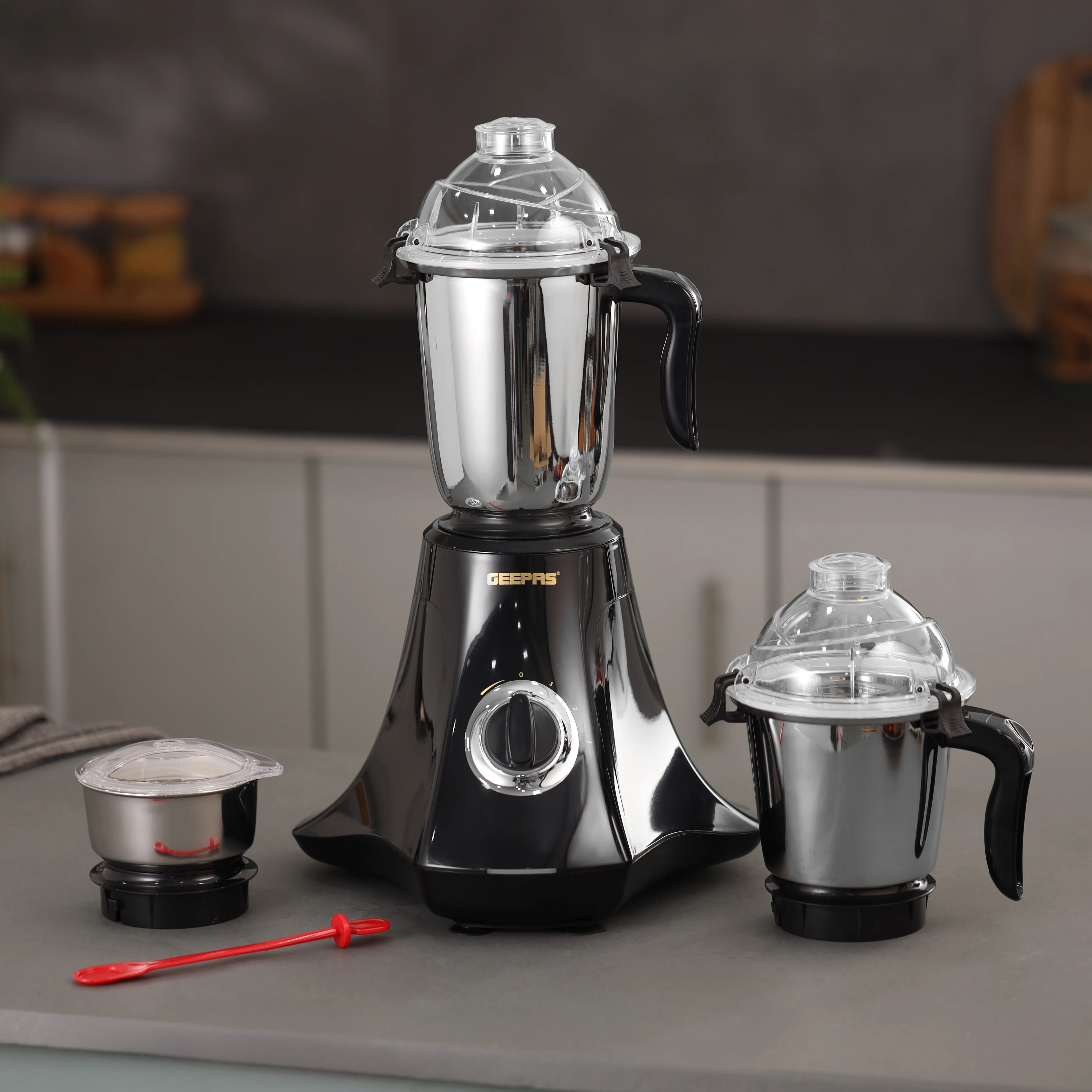 Geepas 3-in-1 Mixer Grinder- GSB44067/ 750W Powerful Motor with Stainless Steel Jars and Blades, Unbreakable Jar Caps, 3 Jar with 3 Speed Control/ Black and Silver - Image 3