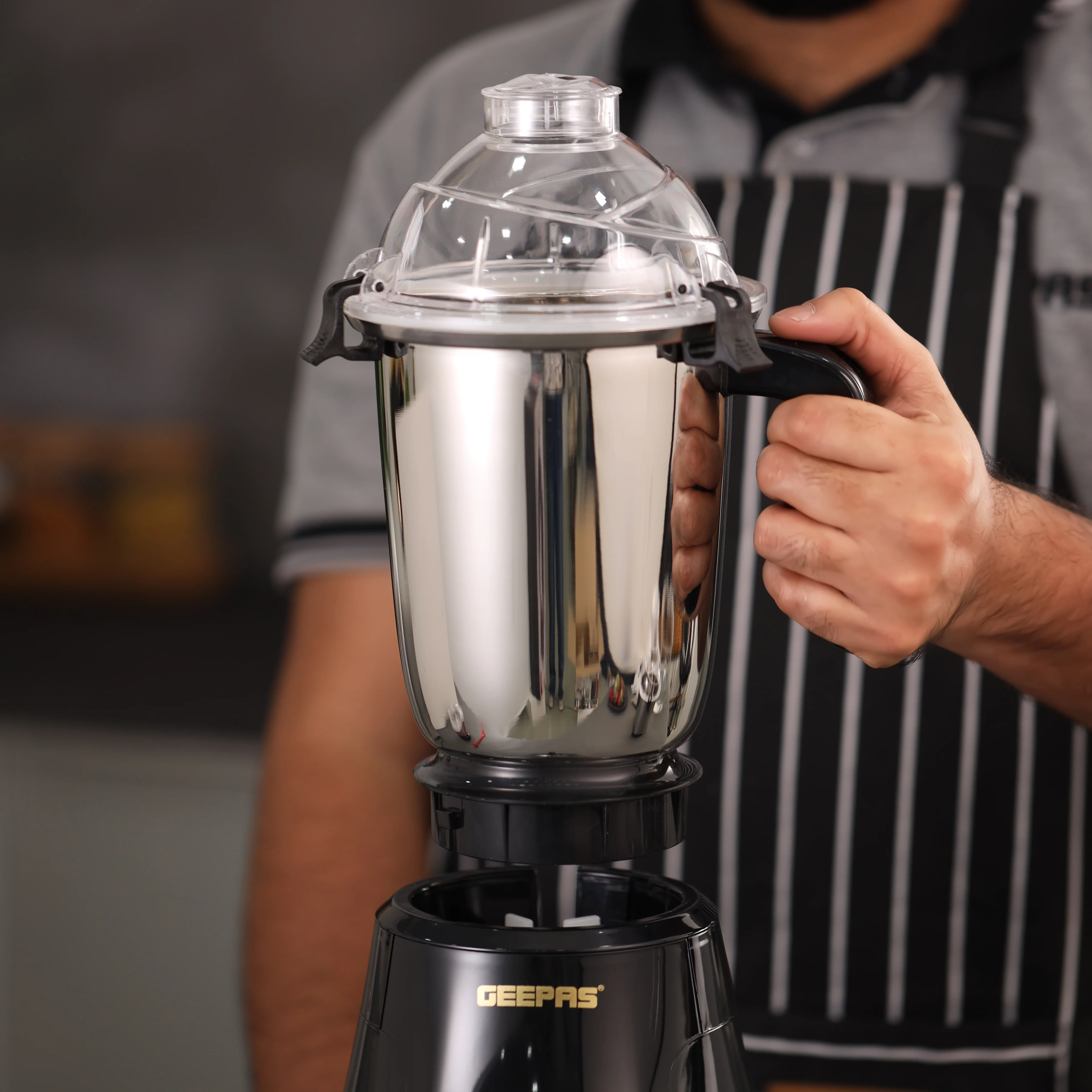Geepas 3-in-1 Mixer Grinder- GSB44067/ 750W Powerful Motor with Stainless Steel Jars and Blades, Unbreakable Jar Caps, 3 Jar with 3 Speed Control/ Black and Silver - Image 4