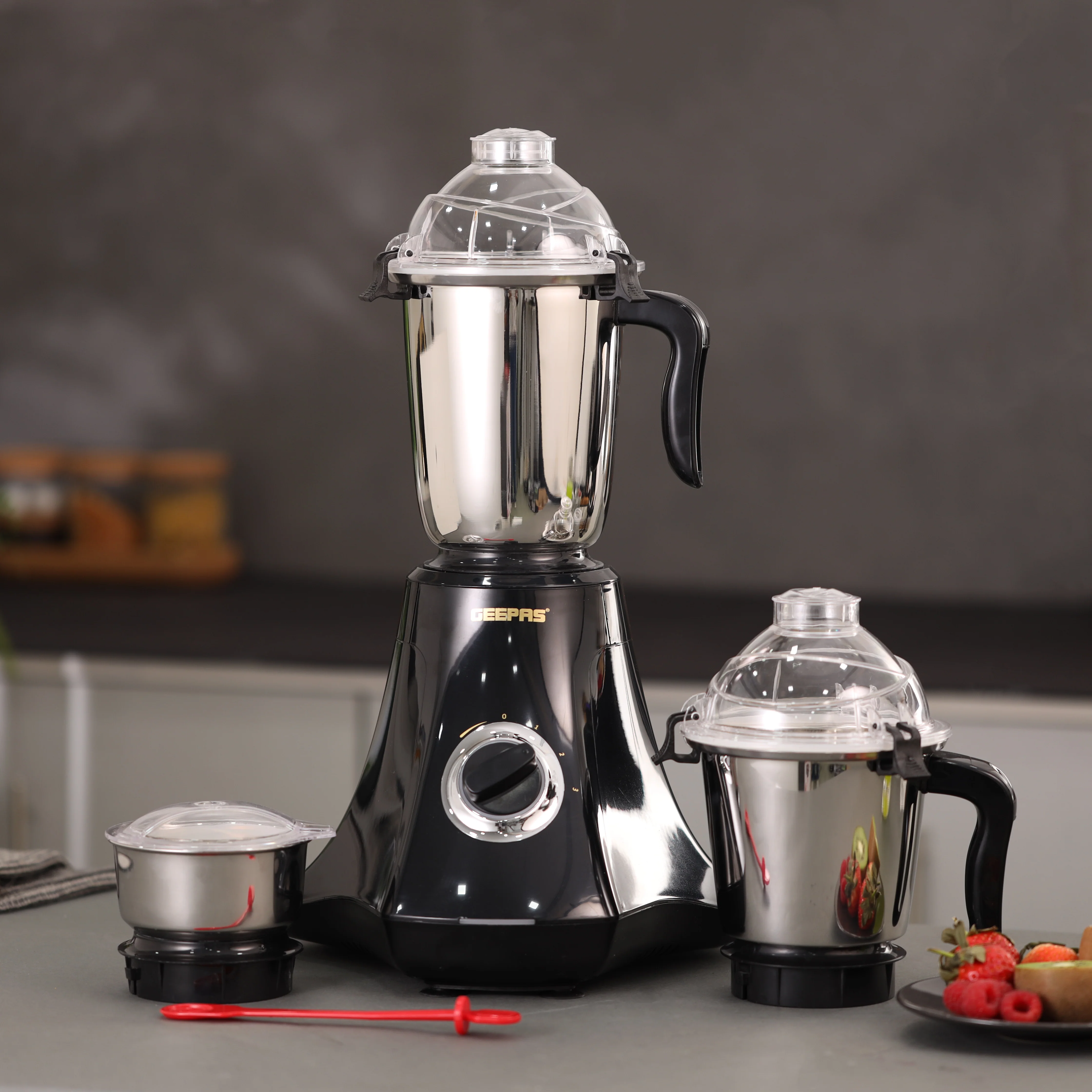 Geepas 3-in-1 Mixer Grinder- GSB44067/ 750W Powerful Motor with Stainless Steel Jars and Blades, Unbreakable Jar Caps, 3 Jar with 3 Speed Control/ Black and Silver - Image 5