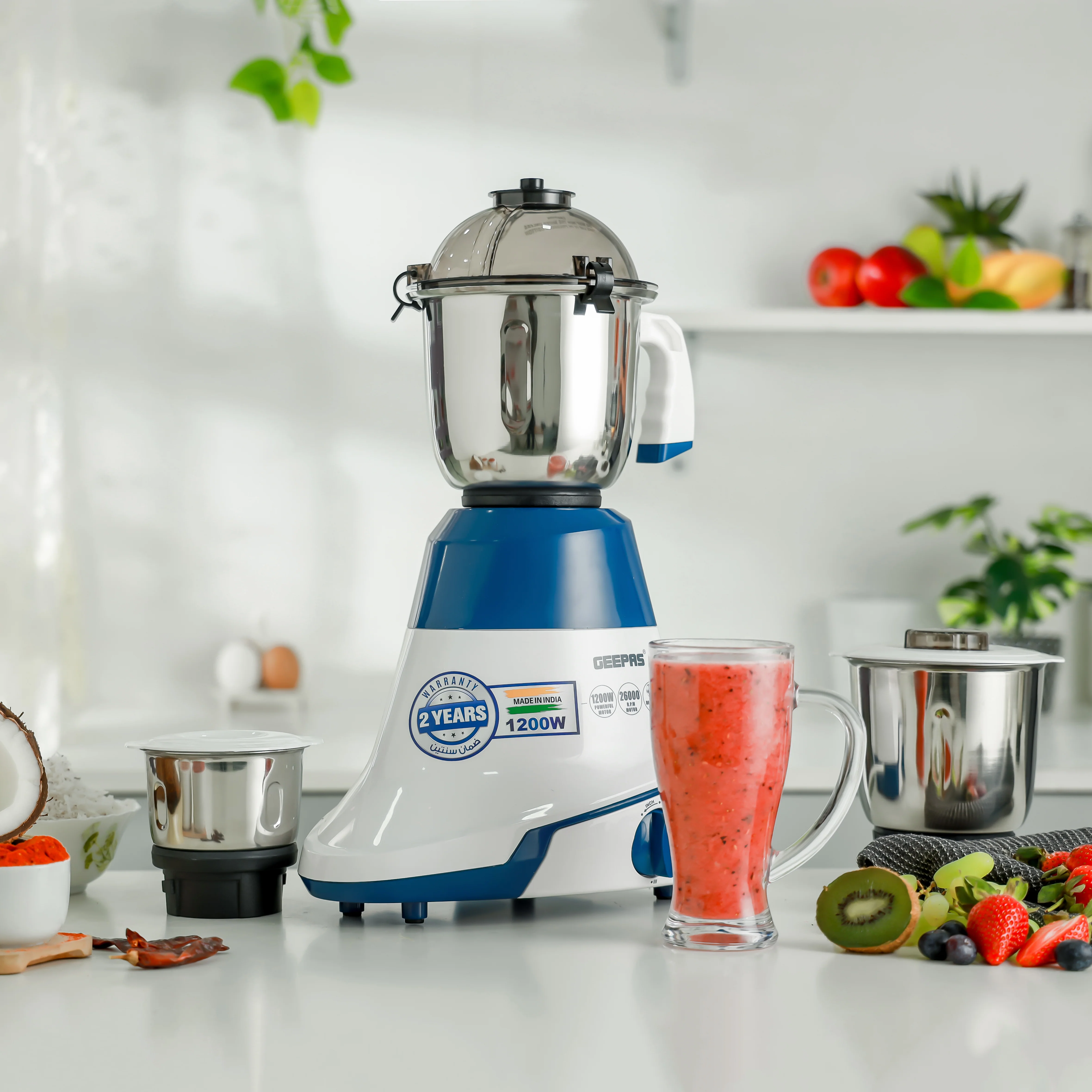 Geepas 3-in-1 Mixer Grinder GSB44088 | 1200W | 3 Speed with Incher | 3 Stainless Steel Jars (1.5L, 1.0L, 0.5L), ABS Body| PC Dome Lid| Overload Protector|2 Years Warranty - Image 2