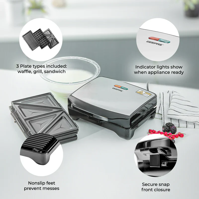 Geepas 3-in-1 Sandwich Maker GSM5425 | 750W Powerful Performance | Includes Grill & Waffle Plates| Non-Stick Coating| Compact Design| Easy Cleaning | 2-Year Warranty - Image 4