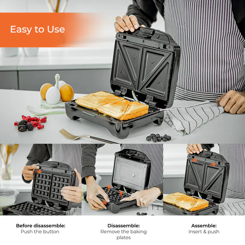 Geepas 3-in-1 Sandwich Maker GSM5425 | 750W Powerful Performance | Includes Grill & Waffle Plates| Non-Stick Coating| Compact Design| Easy Cleaning | 2-Year Warranty - Image 5