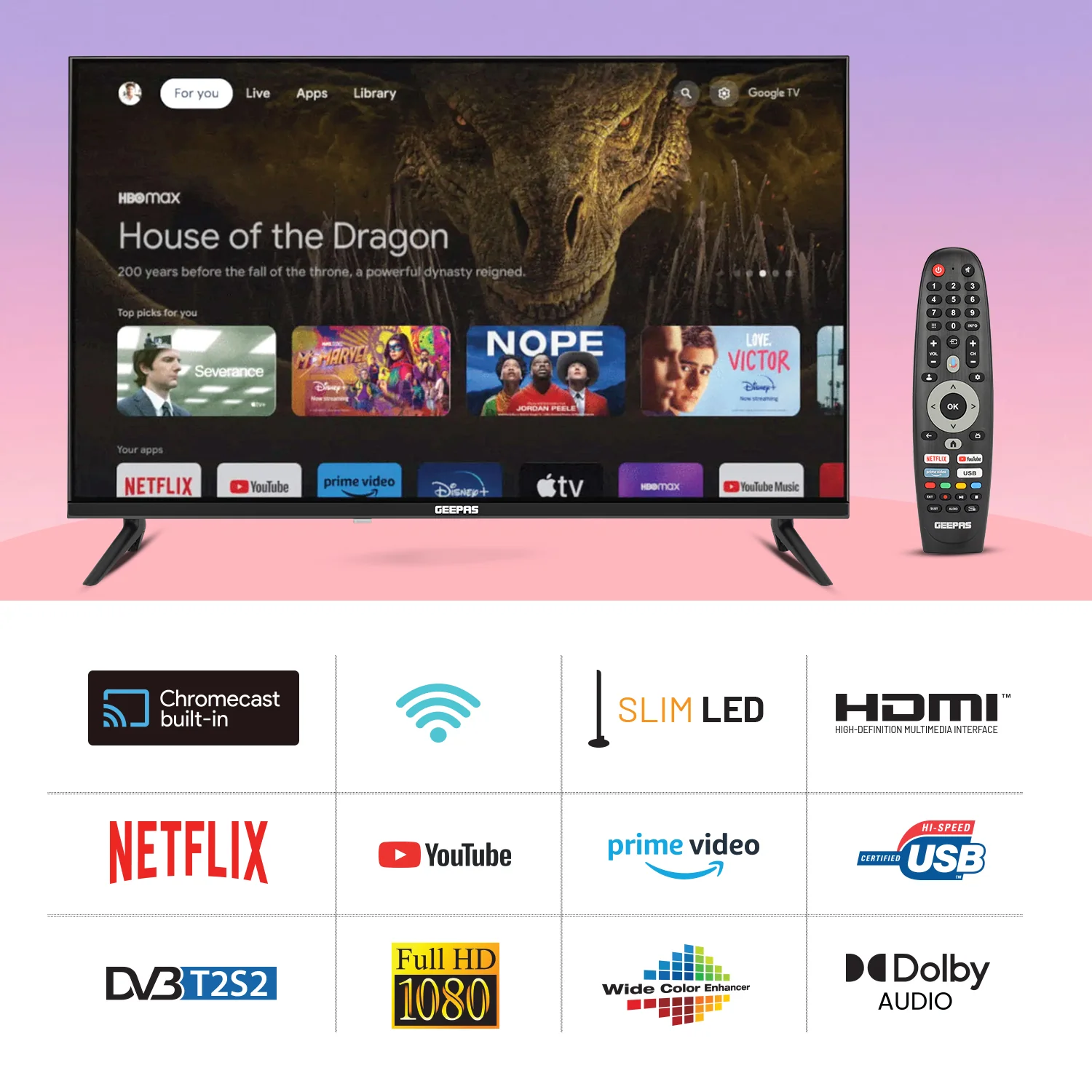 Geepas GLED3214SGXHD 32-Inch Full HD Smart LED TV | Google TV with Chromecast Built-In| 1920x1080 Resolution| Dolby Audio| 3 HDMI| 2 USB Ports| 2x8W Stereo Speakers - Image 3