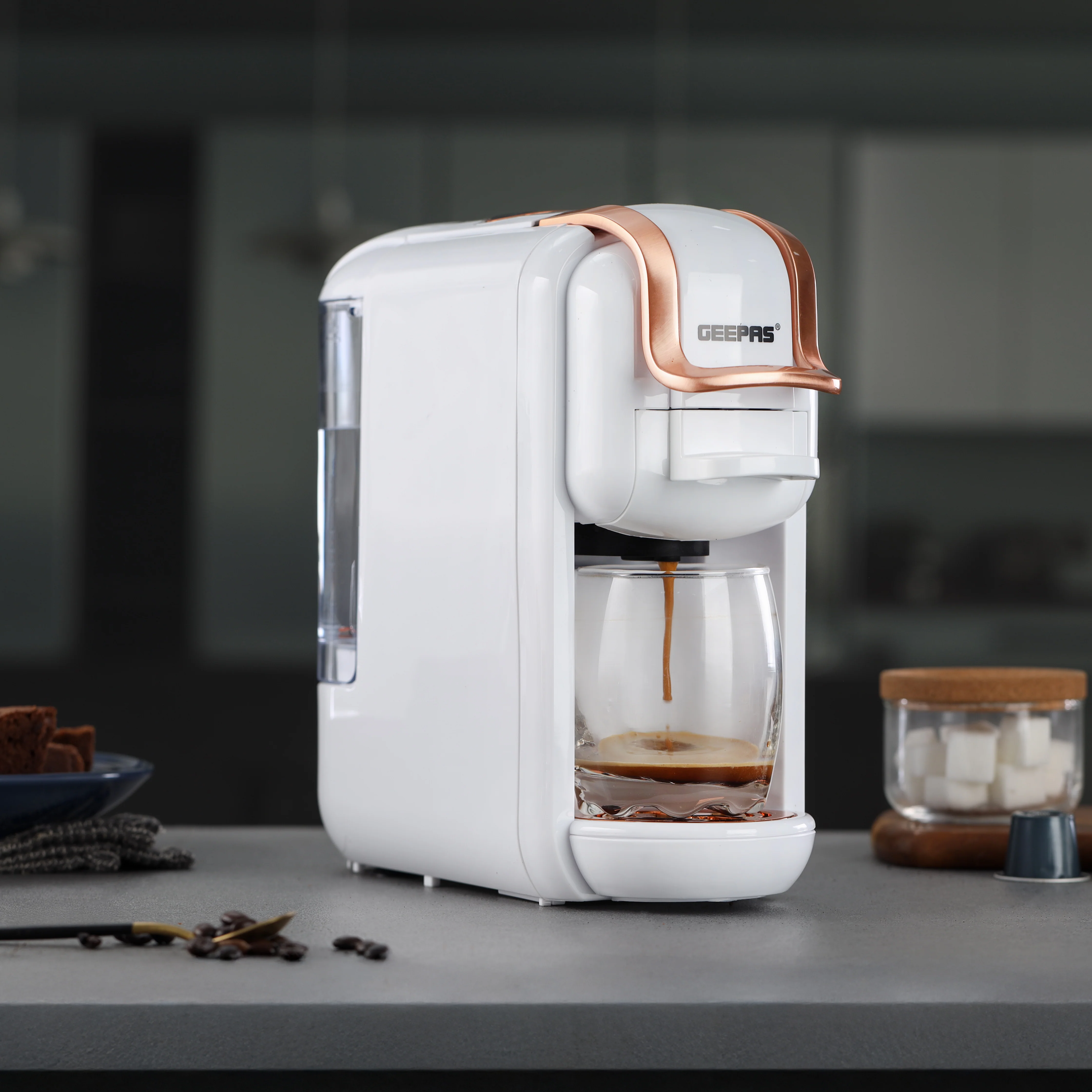 Geepas 4-in-1 Capsule Coffee Machine GCM41526-WT/Compatible with Nespresso, Dolce Gusto, Fast Heating System/One-Touch Button, Removable 0.6L Water Tank,2 Years Warranty - Image 3