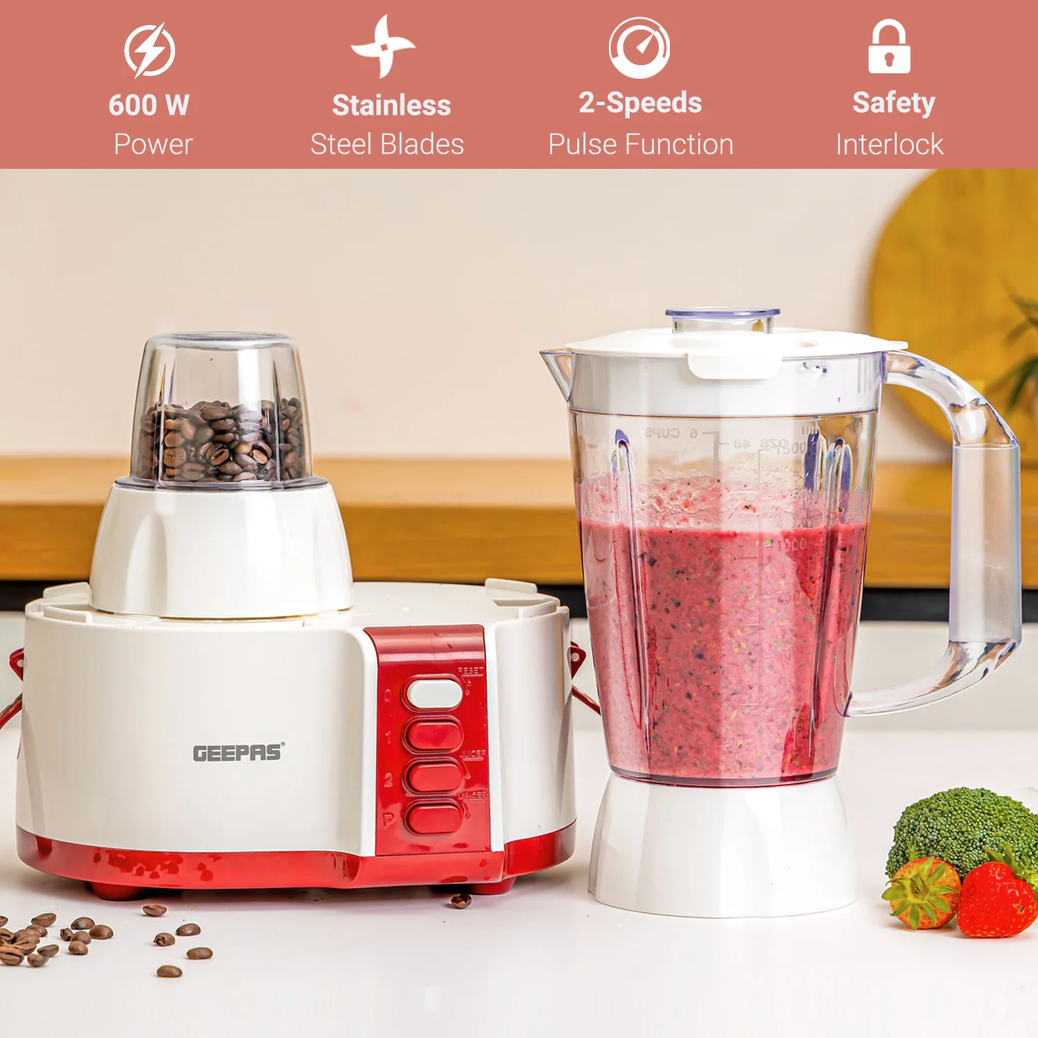 Geepas 4-in-1 Food Processor GSB9890 |600W Powerful Motor, 2 Speed with Pulse Control, Safety Interlock System, Circular Feed Tube, Durable Stainless Steel Filter & Blade - Image 2
