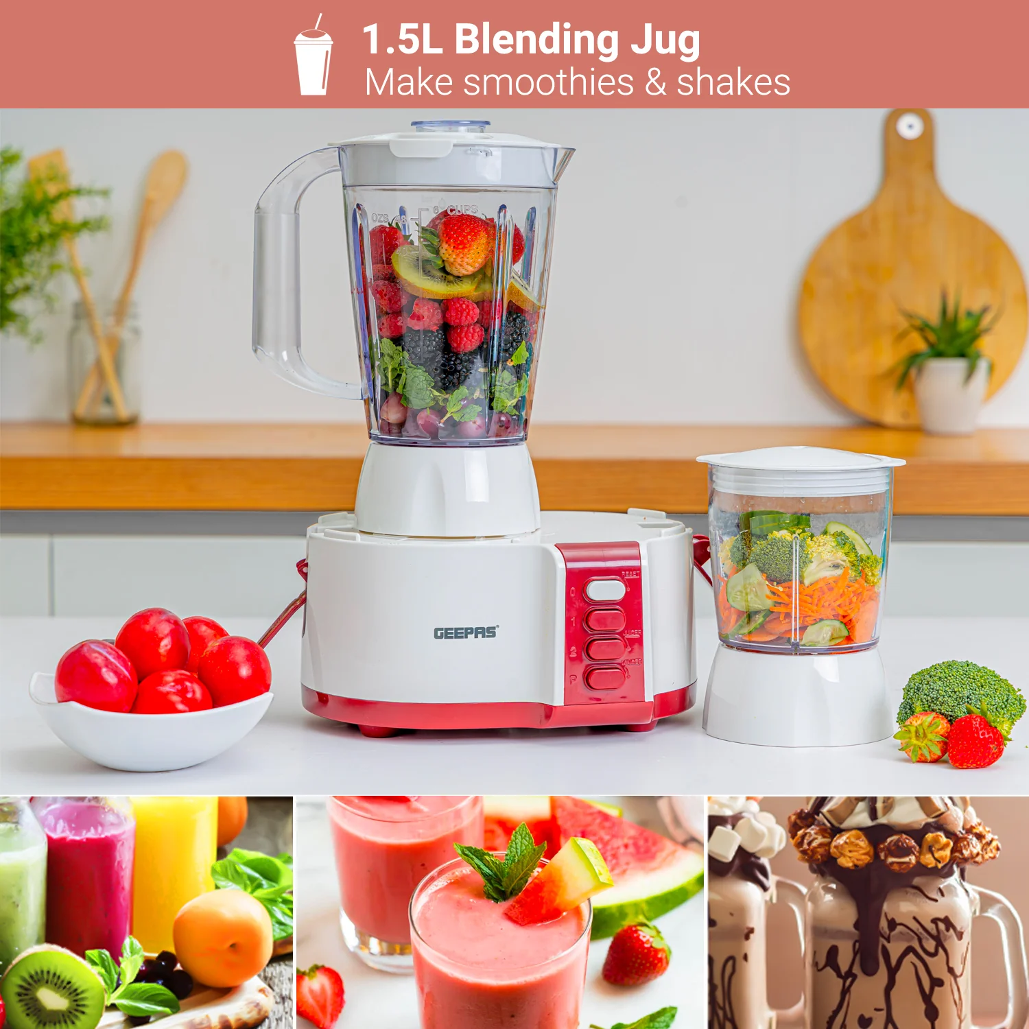 Geepas 4-in-1 Food Processor GSB9890 |600W Powerful Motor, 2 Speed with Pulse Control, Safety Interlock System, Circular Feed Tube, Durable Stainless Steel Filter & Blade - Image 4