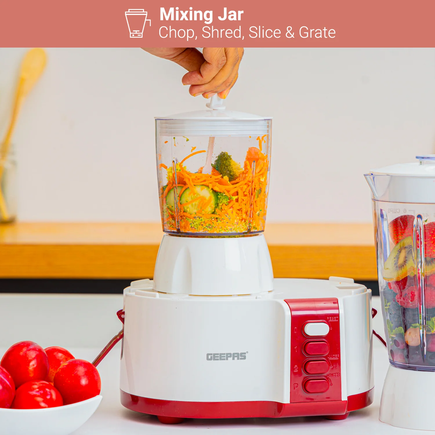 Geepas 4-in-1 Food Processor GSB9890 |600W Powerful Motor, 2 Speed with Pulse Control, Safety Interlock System, Circular Feed Tube, Durable Stainless Steel Filter & Blade - Image 5