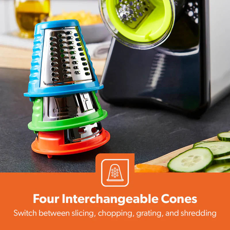 Geepas 4-in-1 Salad Maker GSM63022UK | 200W Powerful Motor | 4 Stainless Steel Cones for Effortless Slicing| Shredding, Grating & Grinding | Easy to Use | 2-Year Warranty - Image 3