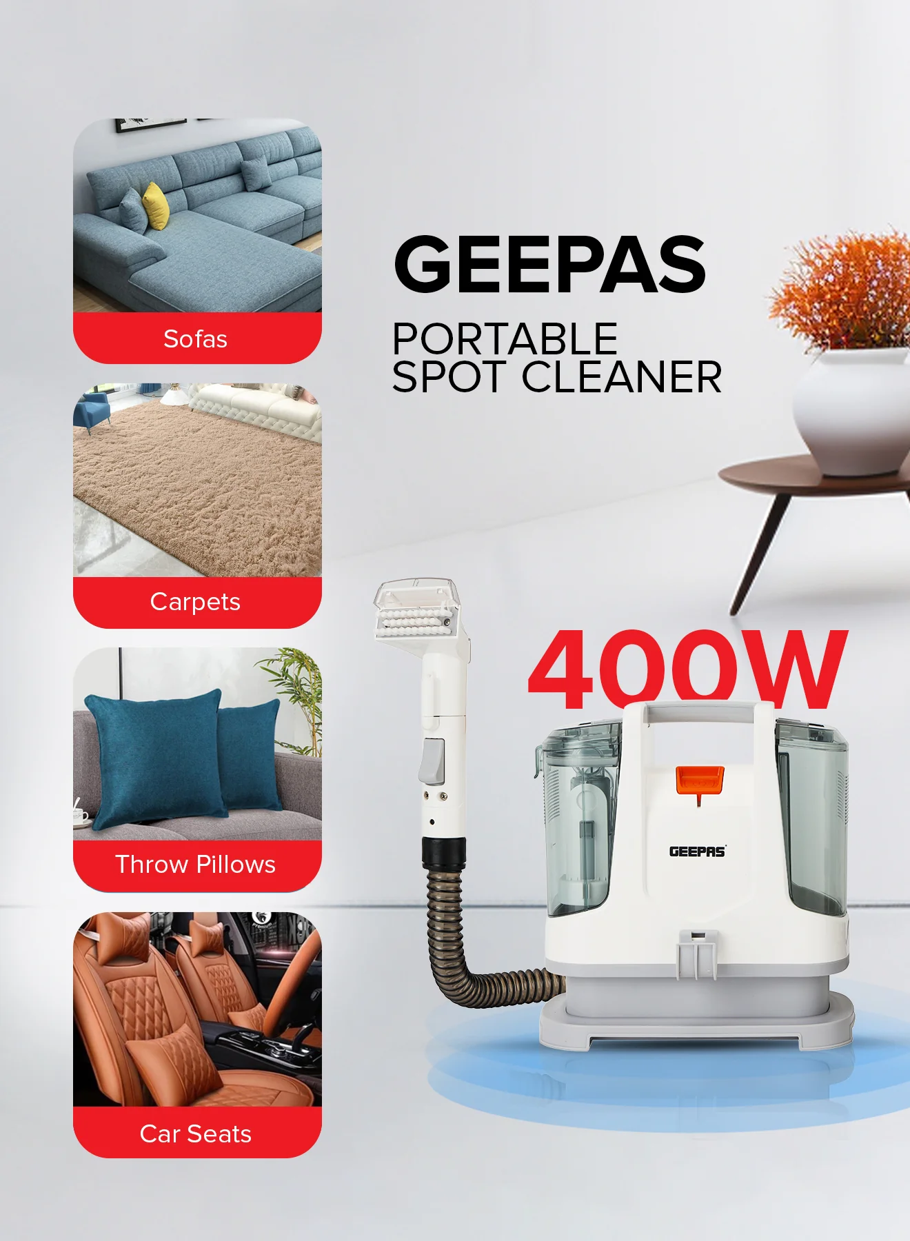 Geepas 400W Spot Cleaner – GSC19051 | Dual Tank | Compact & Lightweight - Image 4