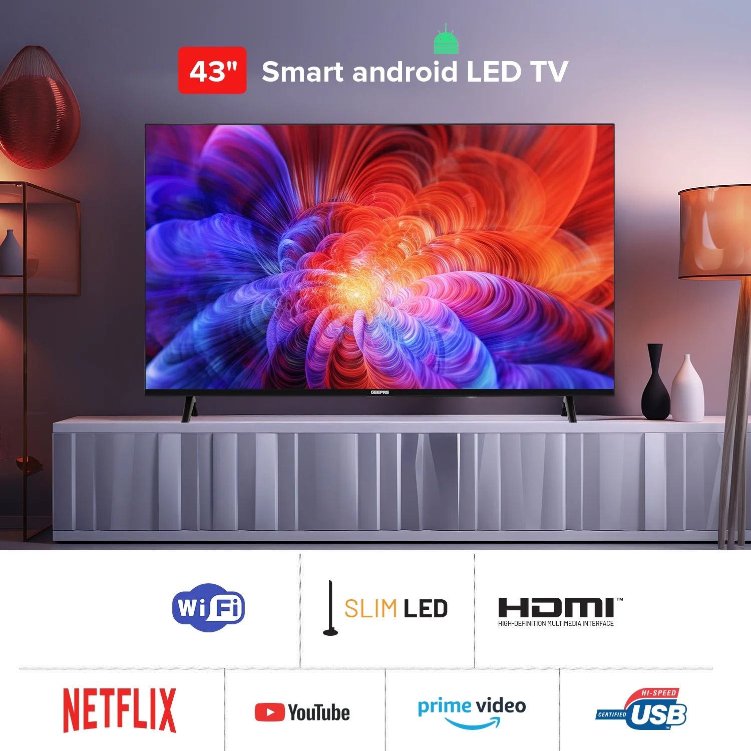 Geepas 43" Full HD LED TV GLED4323TSFHD|Android OS| Frameless Design| Immersive Sound| Smart Features| Screen Sharing| Voice Control| HDMI & USB Ports| Pre-Installed Apps - Image 4