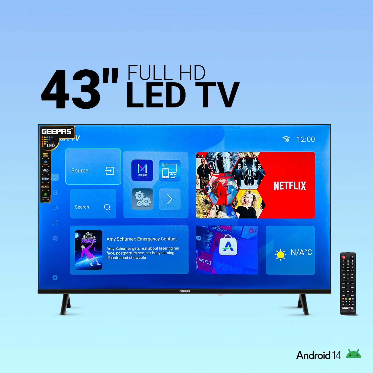 Geepas 43" Full HD Smart LED TV (GLED4324SFHD) with Android 14, HQ sound, frameless design, HDMI/USB ports, AV mode, and remote control. - Image 2