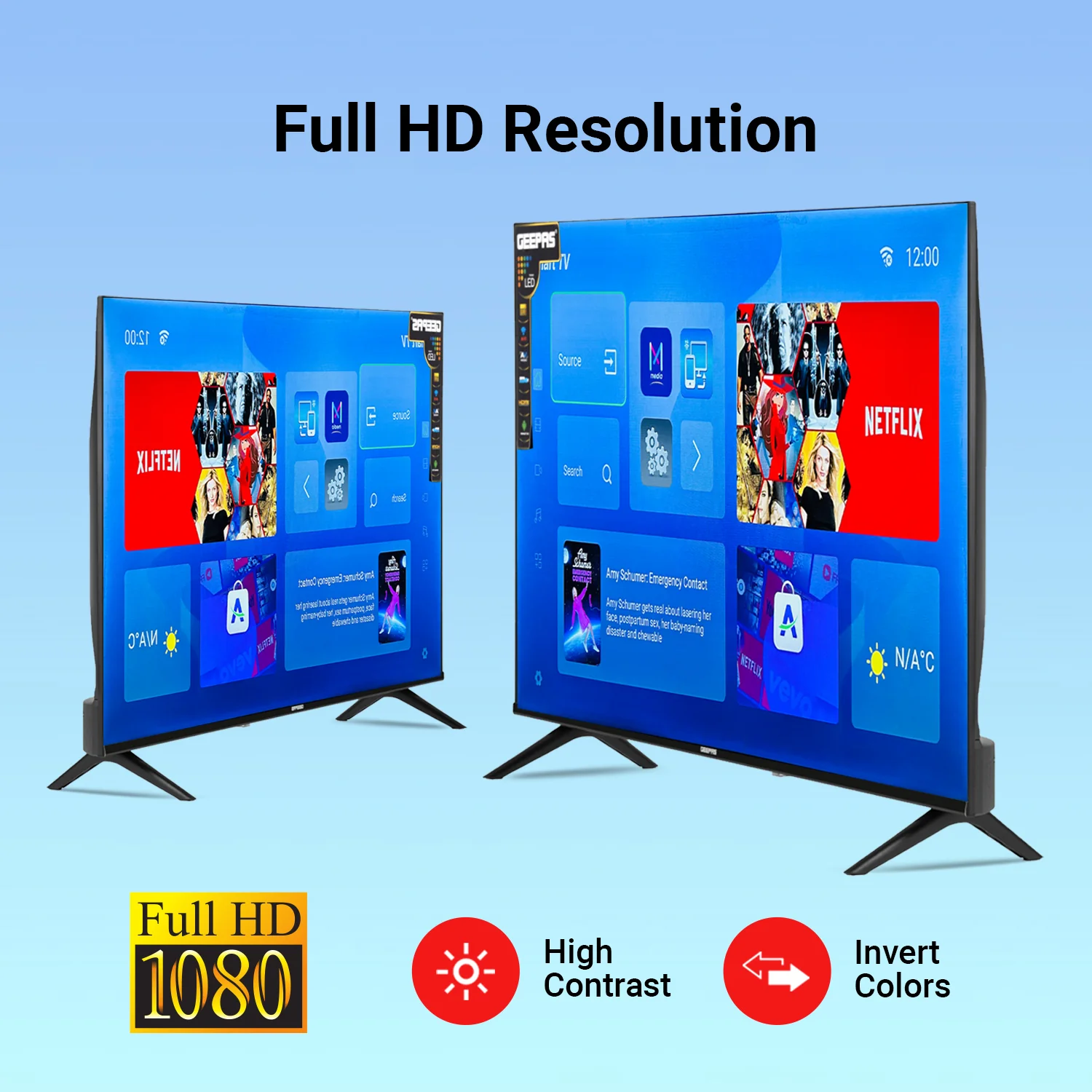 Geepas 43" Full HD Smart LED TV (GLED4324SFHD) with Android 14, HQ sound, frameless design, HDMI/USB ports, AV mode, and remote control. - Image 3