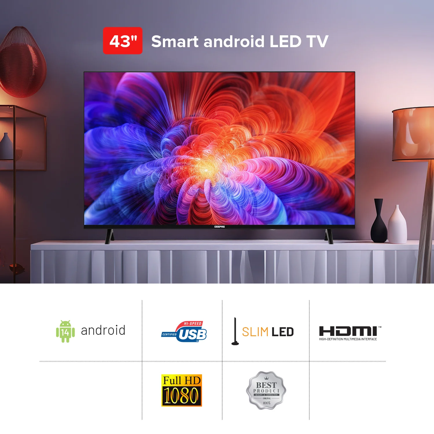 Geepas 43" Full HD Smart LED TV (GLED4324SFHD) with Android 14, HQ sound, frameless design, HDMI/USB ports, AV mode, and remote control. - Image 4