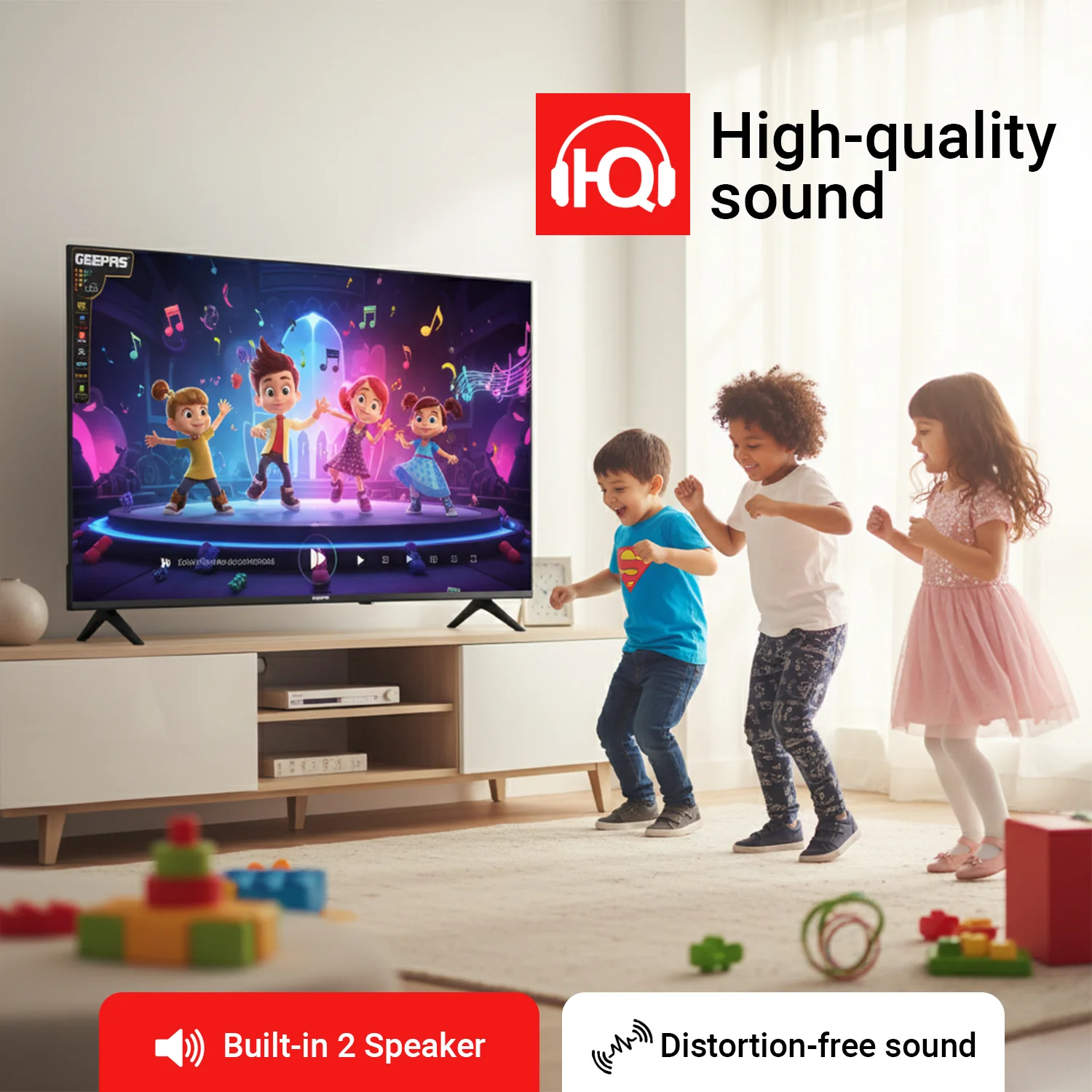 Geepas 43" Full HD Smart LED TV (GLED4324SFHD) with Android 14, HQ sound, frameless design, HDMI/USB ports, AV mode, and remote control. - Image 6