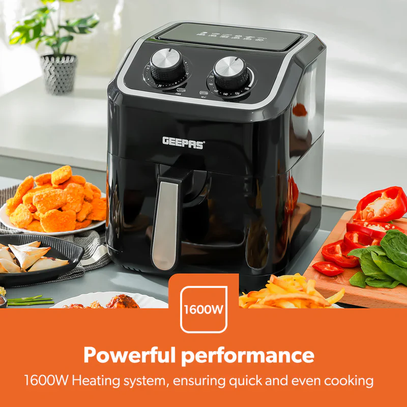 Geepas Air Fryer- GAF37528| 1600W, 5 L Capacity| Equipped with VORTX Air Frying Technology, Oil Free Cooking| Adjustable Timer and Temperature, 1-30 Minutes Timer - Image 7