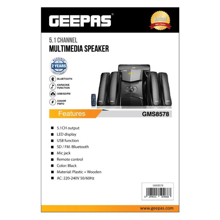 Geepas 5.1 Channel Multimedia Speaker System with Remote Control- GMS8578| FM Radio, Bluetooth, USB Input, SD Card Reader, Karaoke Function| LED Display - Image 4