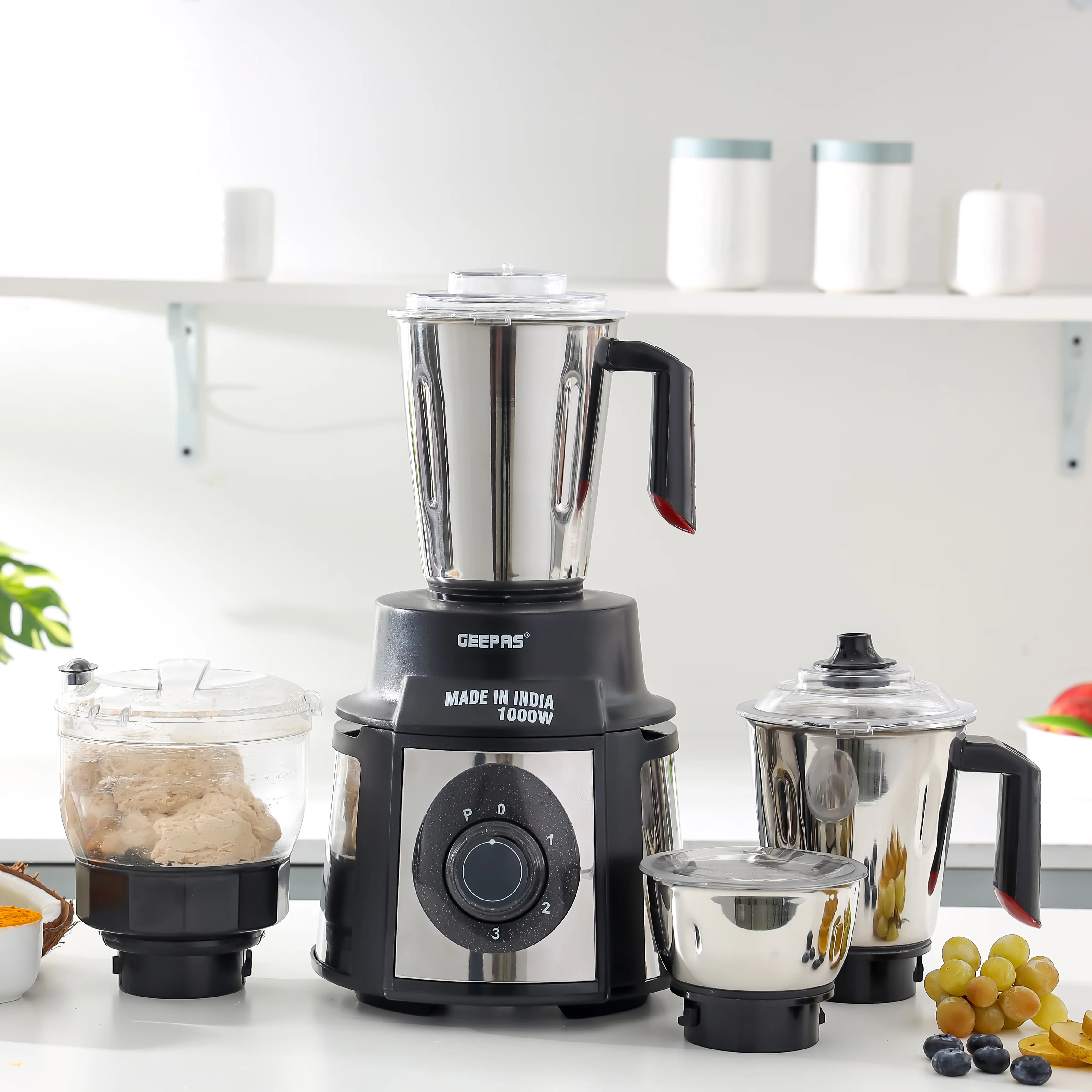 Geepas GSB44108 5-in-1 Mixer Grinder | 1000W Powerful Copper Motor | Durable Stainless Steel Body | Wet & Dry Jars, Chutney Jar, Transparent Atta Kneader & Chopper - Image 2