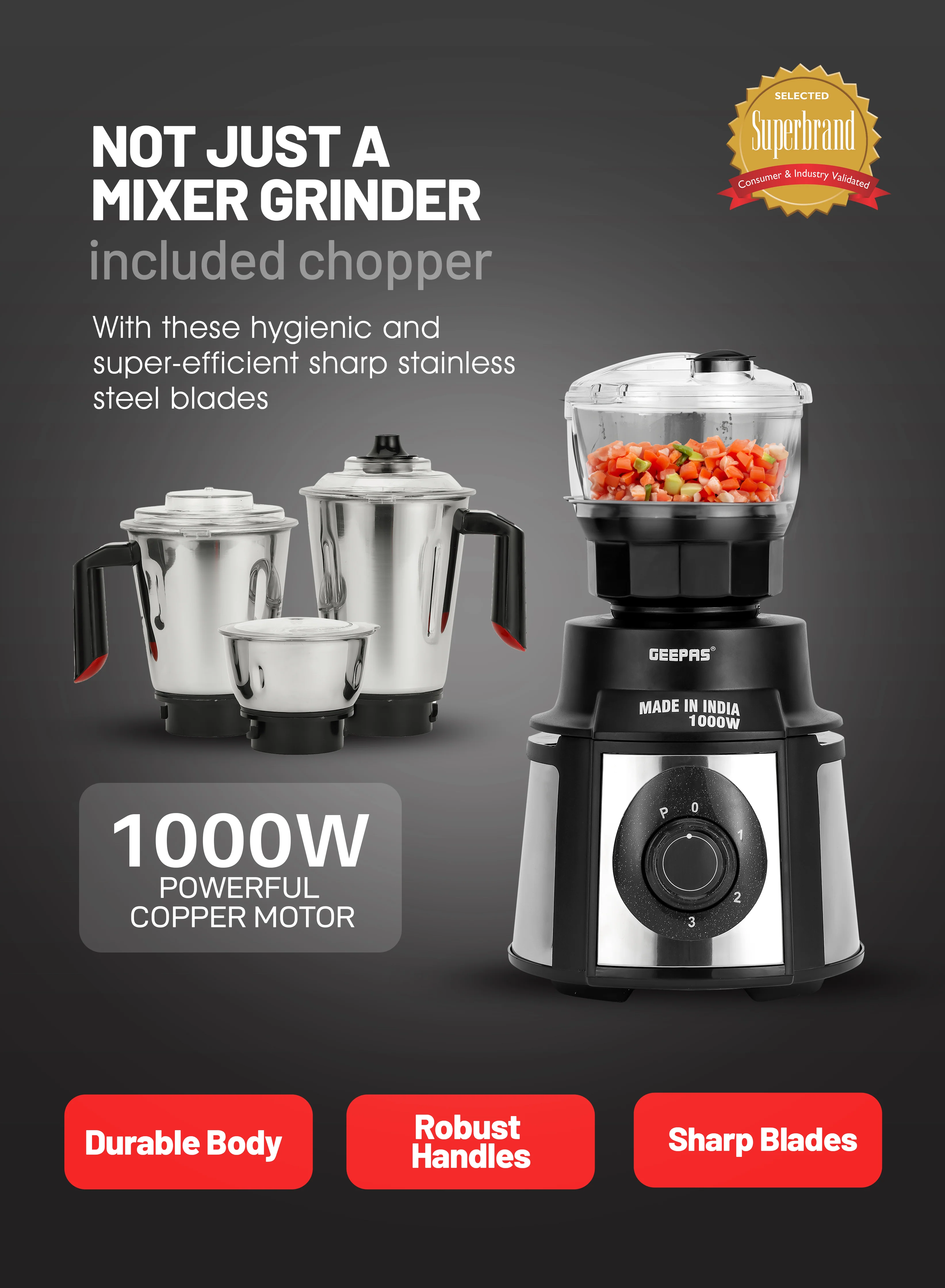 Geepas GSB44108 5-in-1 Mixer Grinder | 1000W Powerful Copper Motor | Durable Stainless Steel Body | Wet & Dry Jars, Chutney Jar, Transparent Atta Kneader & Chopper - Image 3