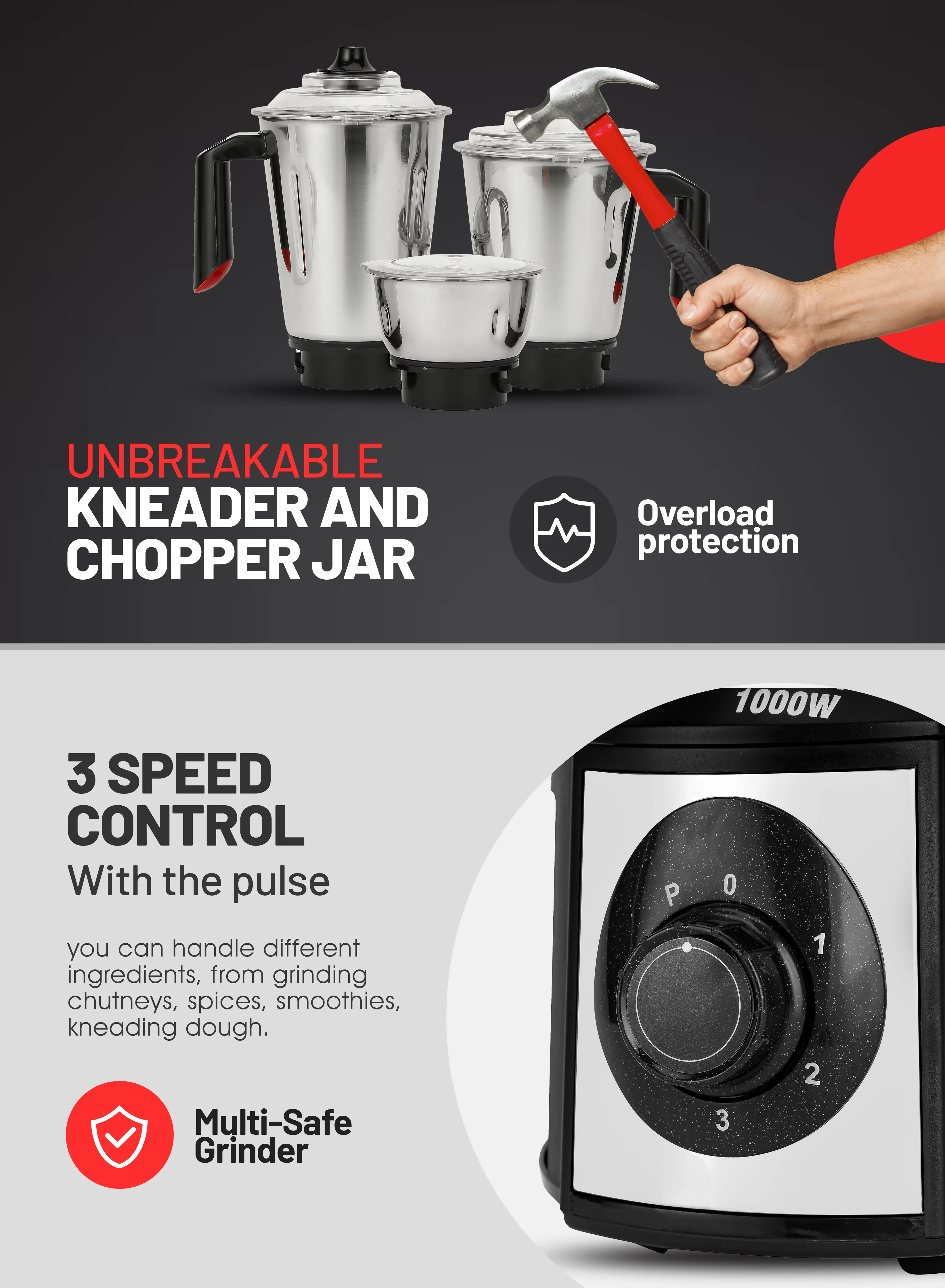 Geepas GSB44108 5-in-1 Mixer Grinder | 1000W Powerful Copper Motor | Durable Stainless Steel Body | Wet & Dry Jars, Chutney Jar, Transparent Atta Kneader & Chopper - Image 4